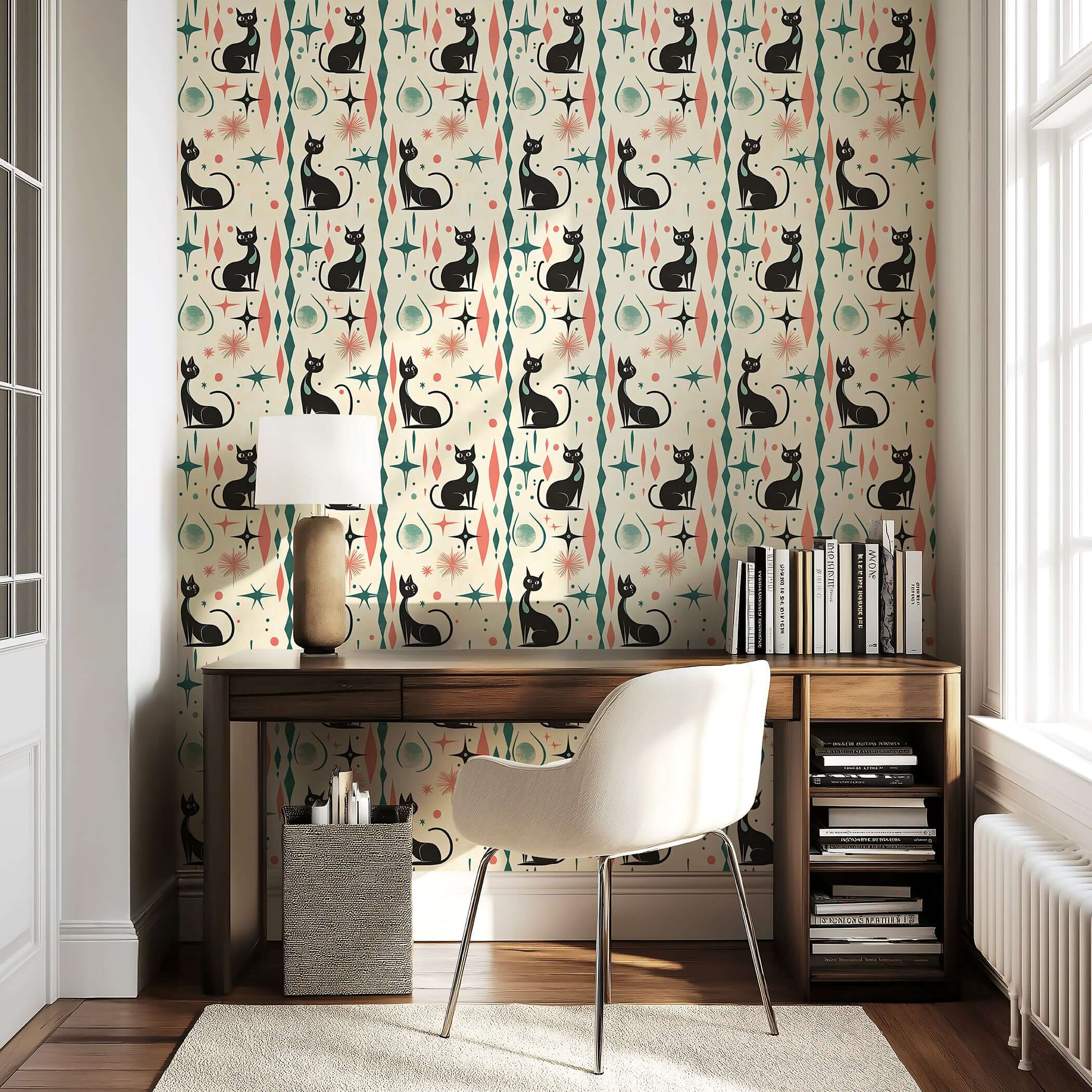 Retro-futuristic wallpaper with black cats and atomic shapes in coral and teal, perfect for mid-century nursery or playroom walls.