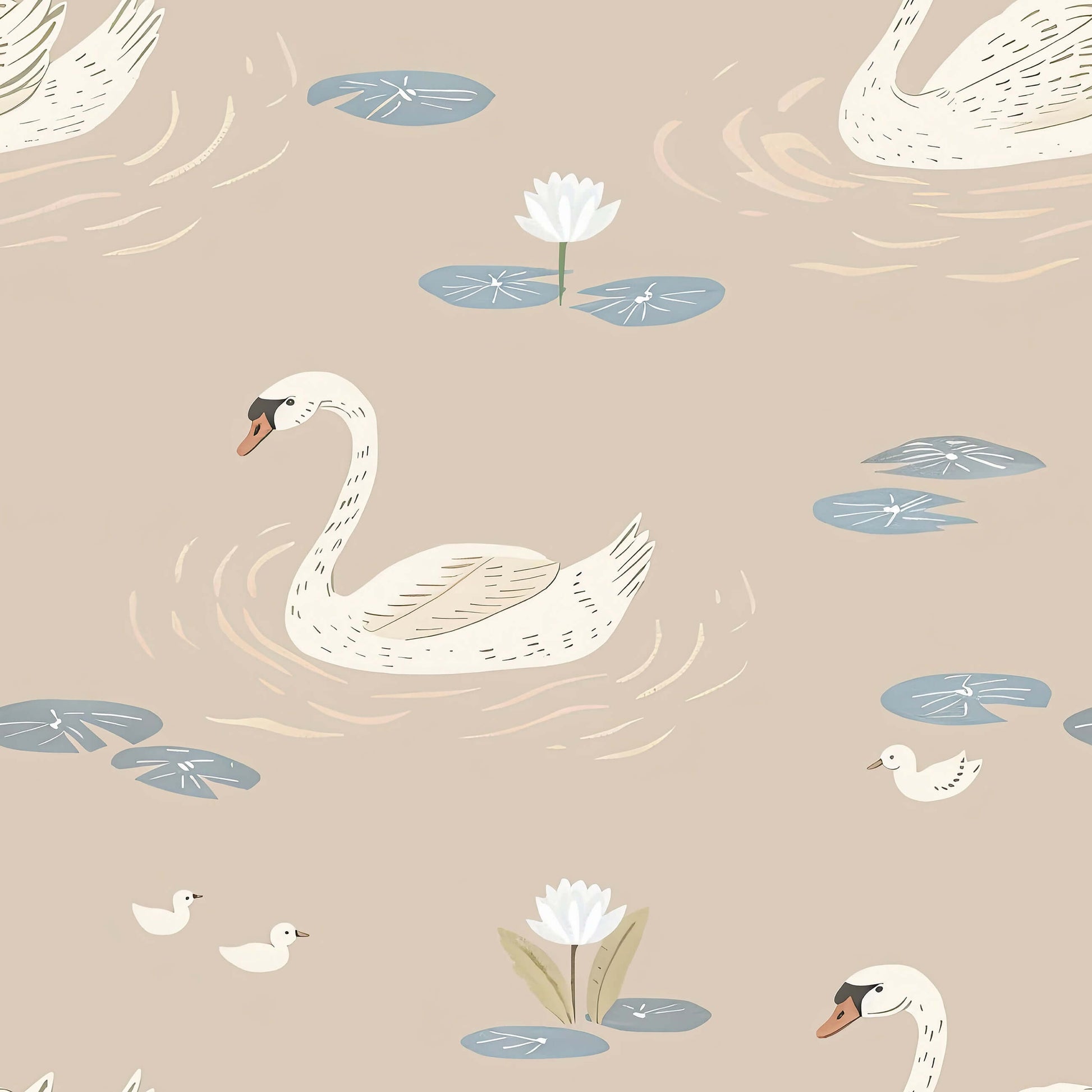 Elegant swan lake wallpaper featuring serene swans on taupe waters with lily pads, ideal for mid-century modern design.