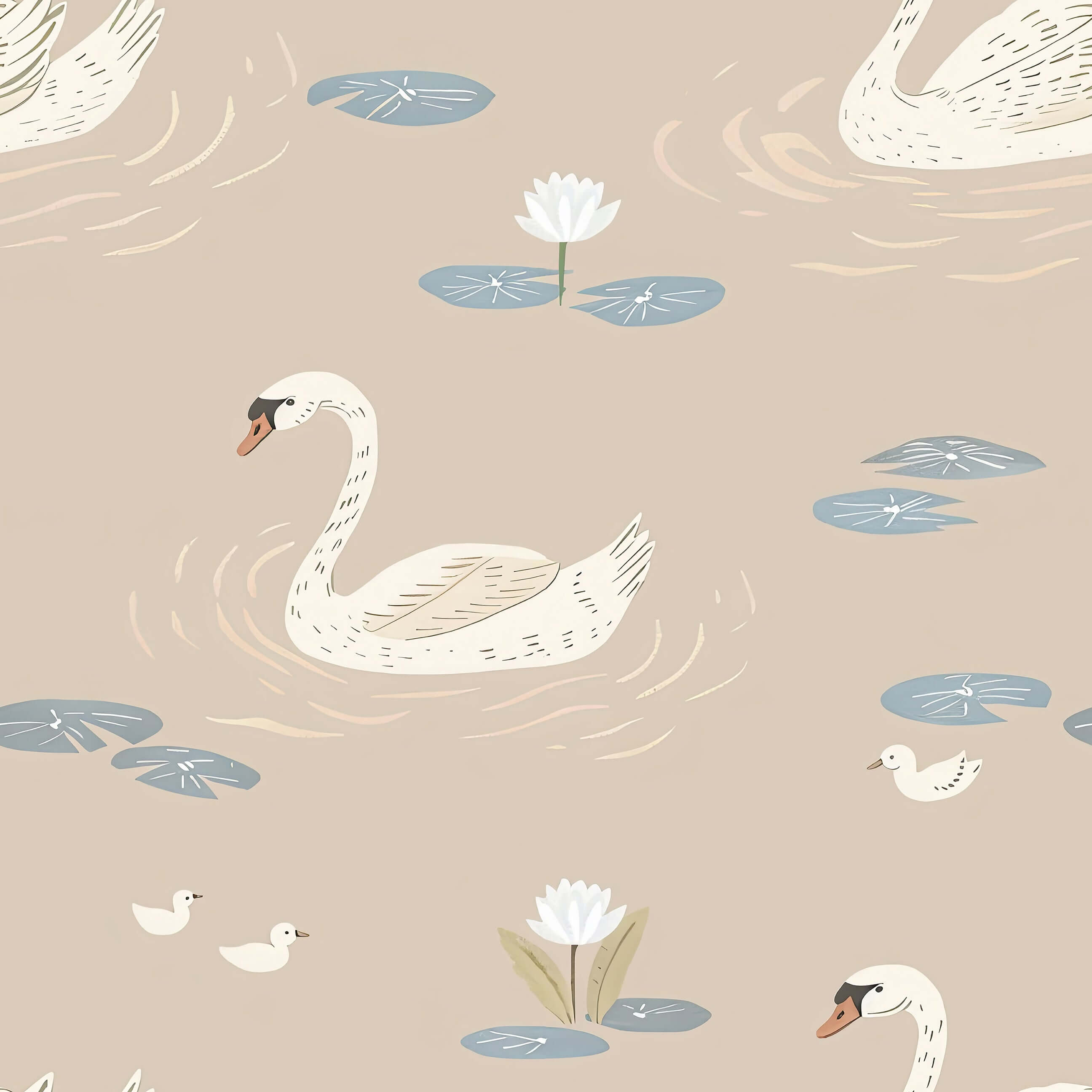 Elegant swan lake wallpaper featuring serene swans on taupe waters with lily pads, ideal for mid-century modern design.