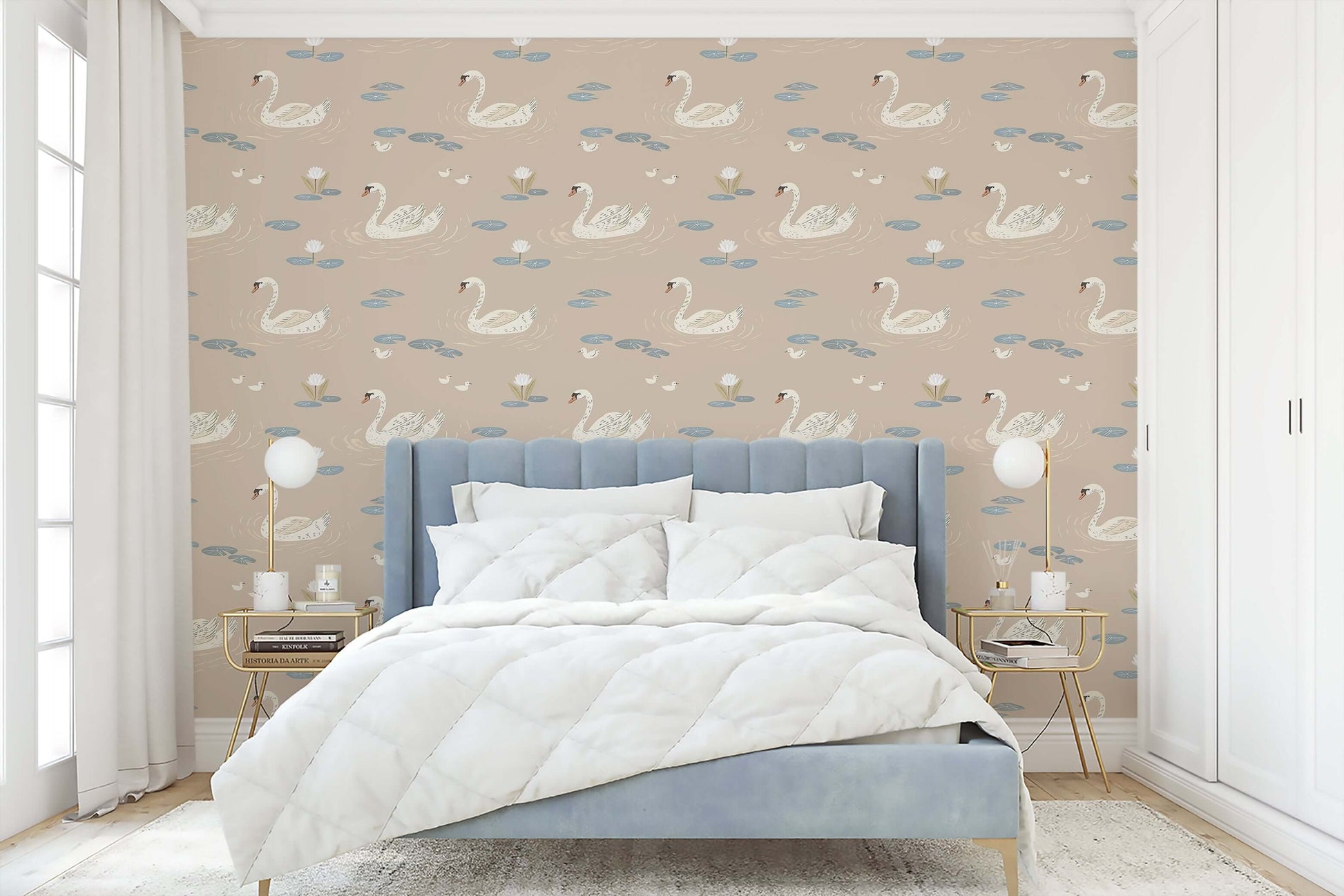 Dreamy Swan Lake wallpaper with swans on taupe waters, ideal for mid-century modern decor, enhancing elegance and serenity in the bedroom.