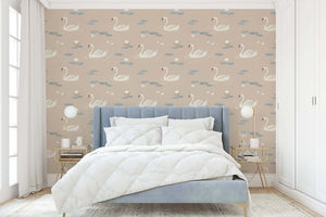 Dreamy Swan Lake wallpaper with swans on taupe waters, ideal for mid-century modern decor, enhancing elegance and serenity in the bedroom.