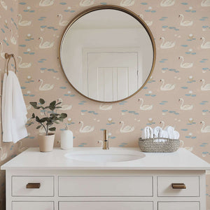 Elegant bathroom with Dreamy Swan Lake wallpaper featuring swans on taupe waters, enhancing a mid-century modern design.