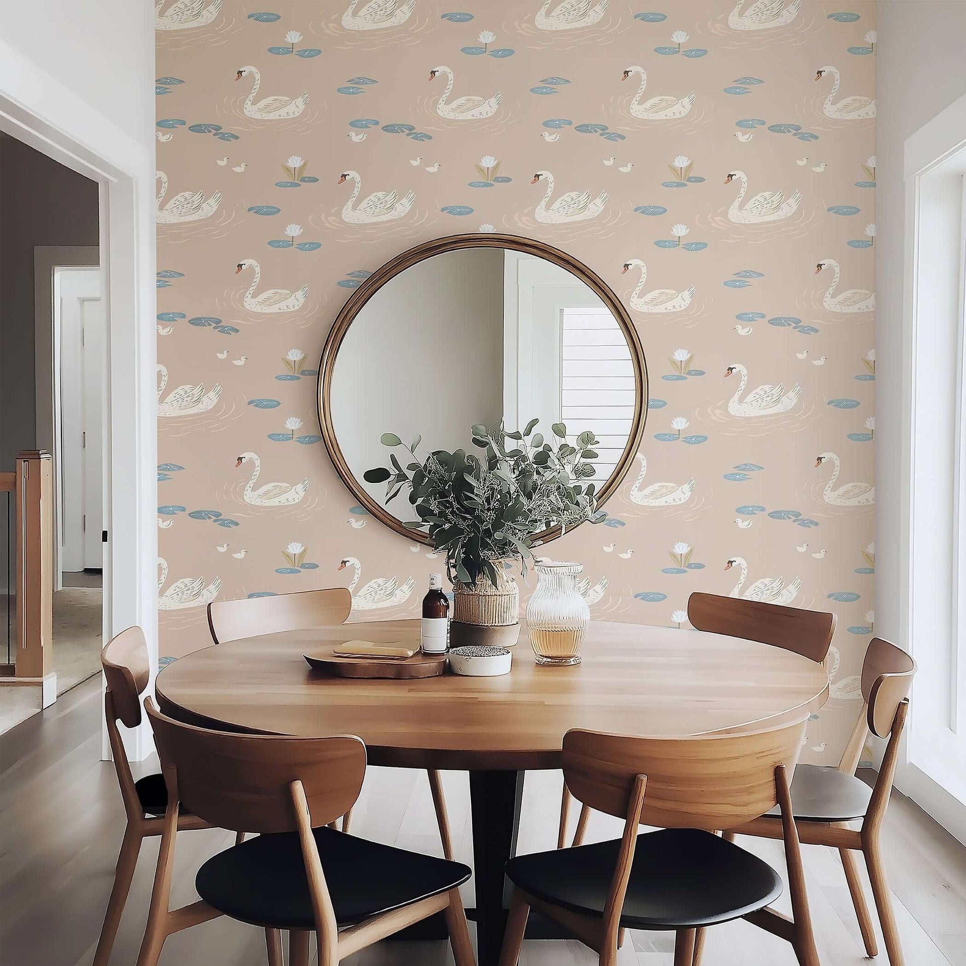 Serene swan lake wallpaper in dining room, featuring swans on taupe water with lily pads, blending modern design with timeless elegance.