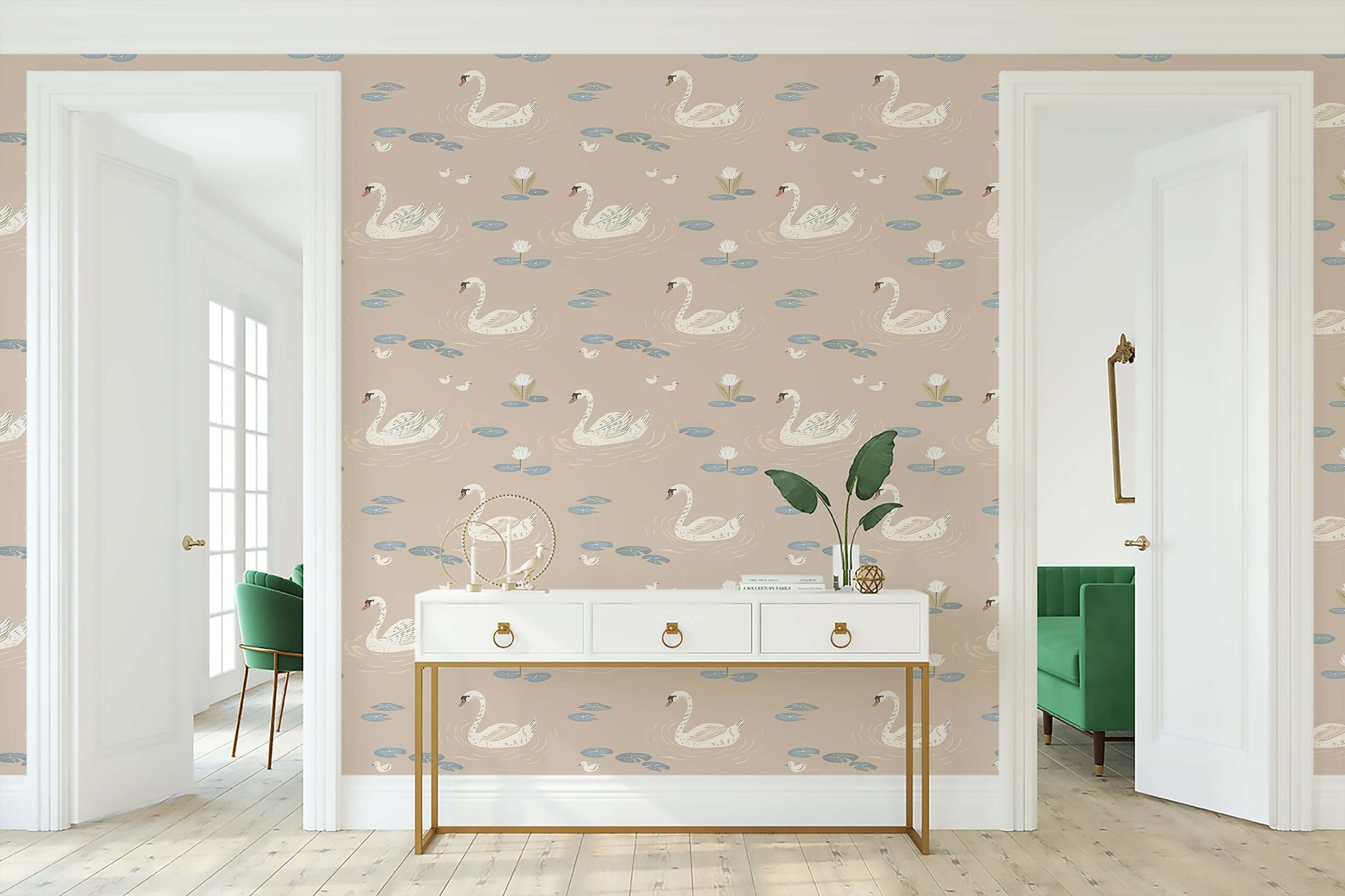 Dreamy Swan Lake wallpaper featuring swans and lily pads on taupe, ideal for mid-century modern decor and serene pond ambiance.