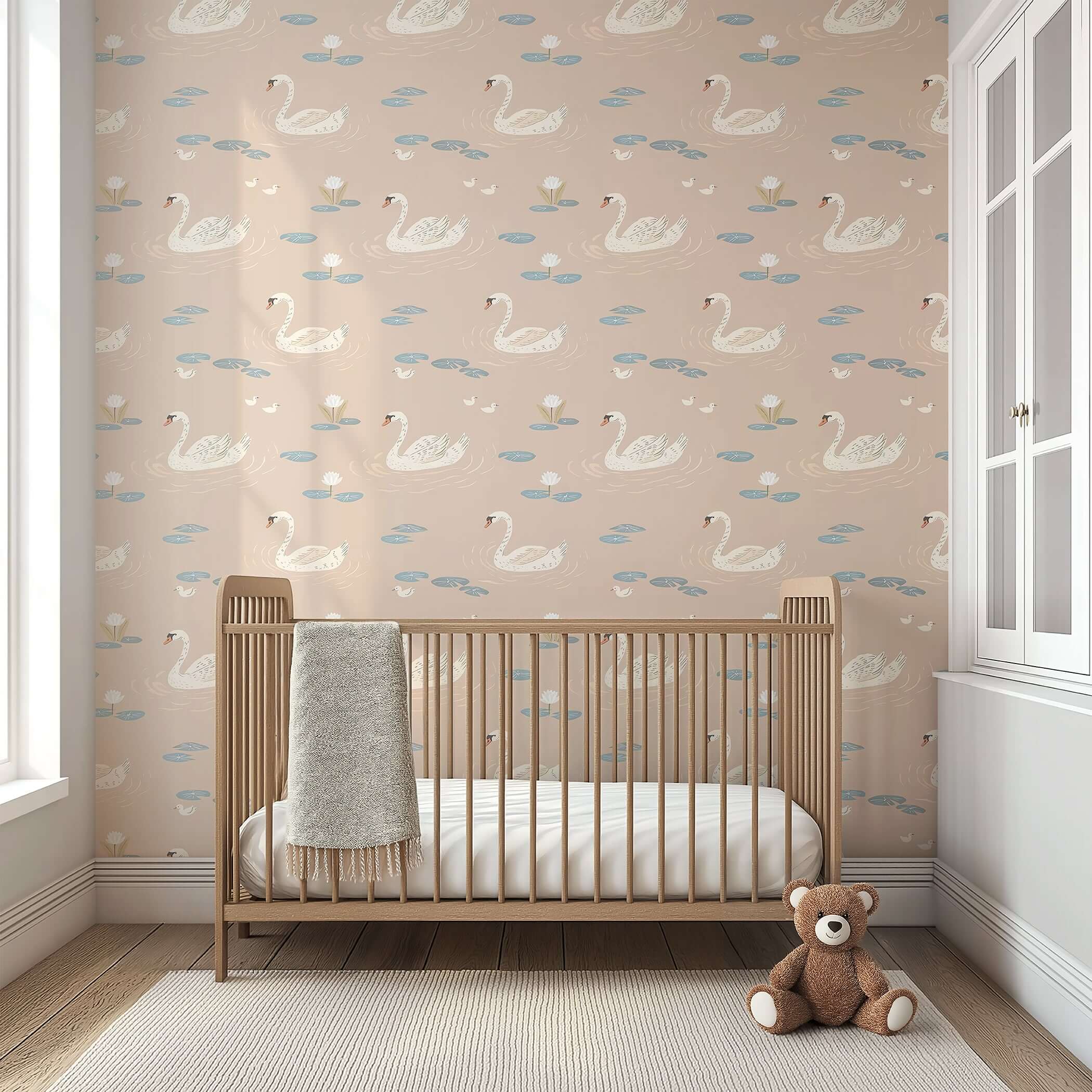 Nursery with Dreamy Swan Lake wallpaper featuring swans, lily pads, and a mid-century modern design.
