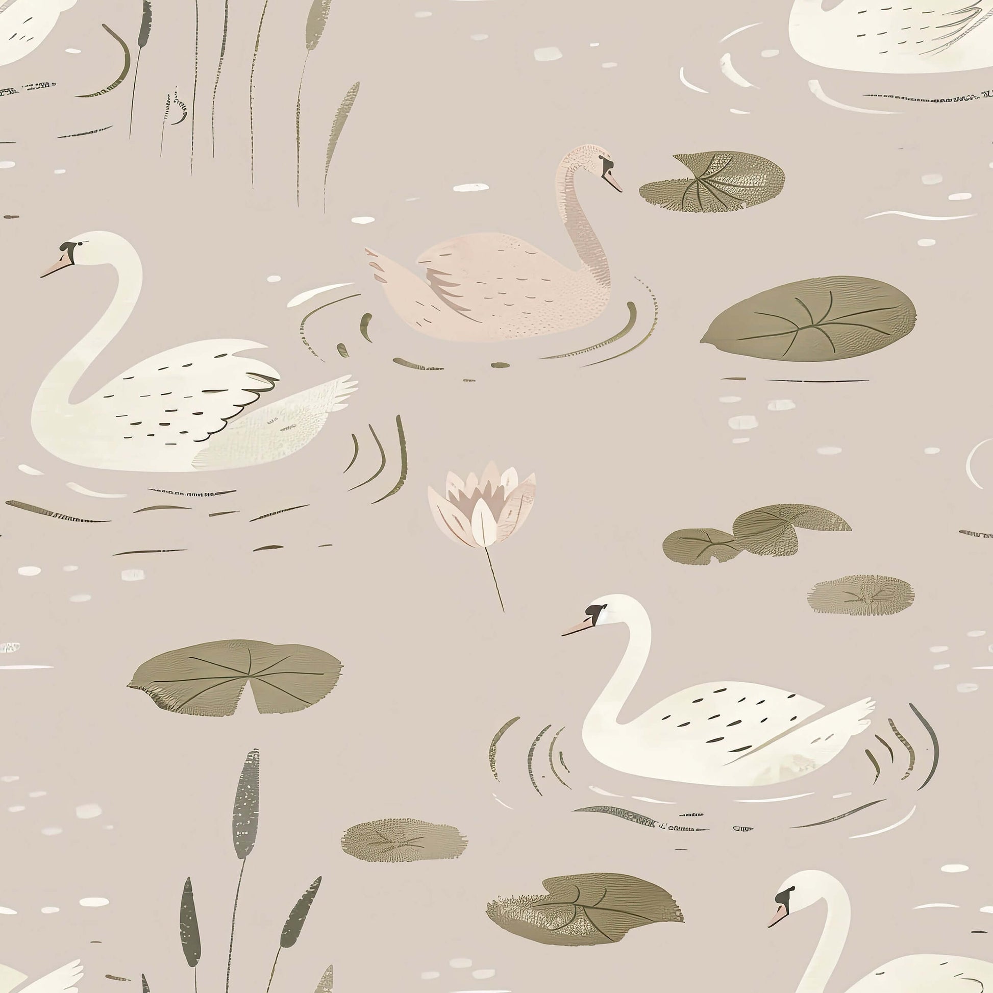 Swan Serenade wallpaper with swans on a pond, featuring mid-century modern design, lilies, and a calming natural setting.
