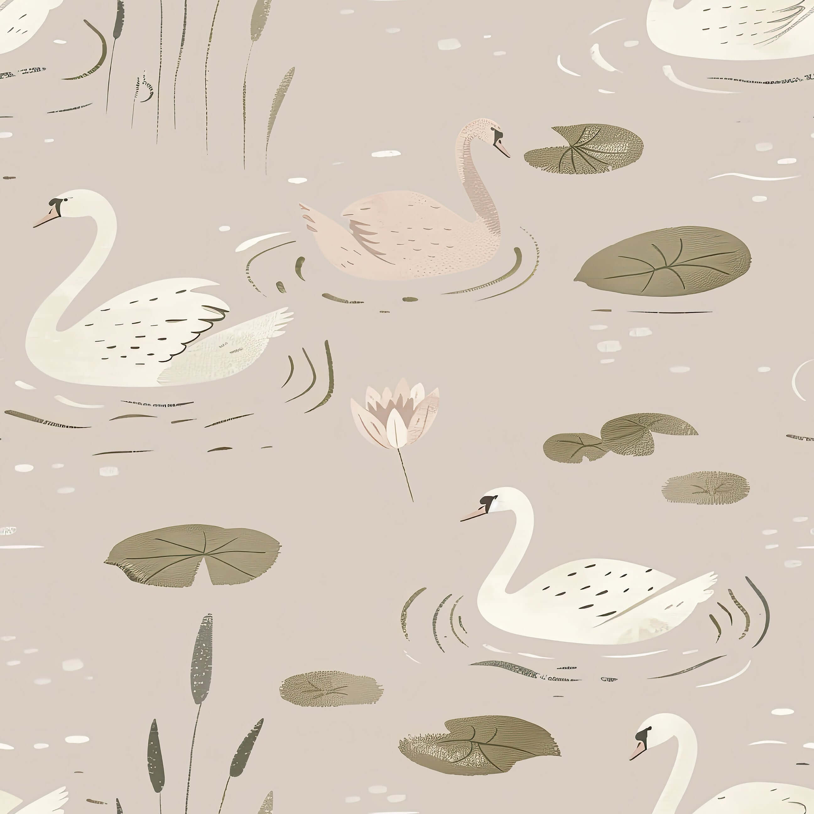 Swan Serenade wallpaper with swans on a pond, featuring mid-century modern design, lilies, and a calming natural setting.