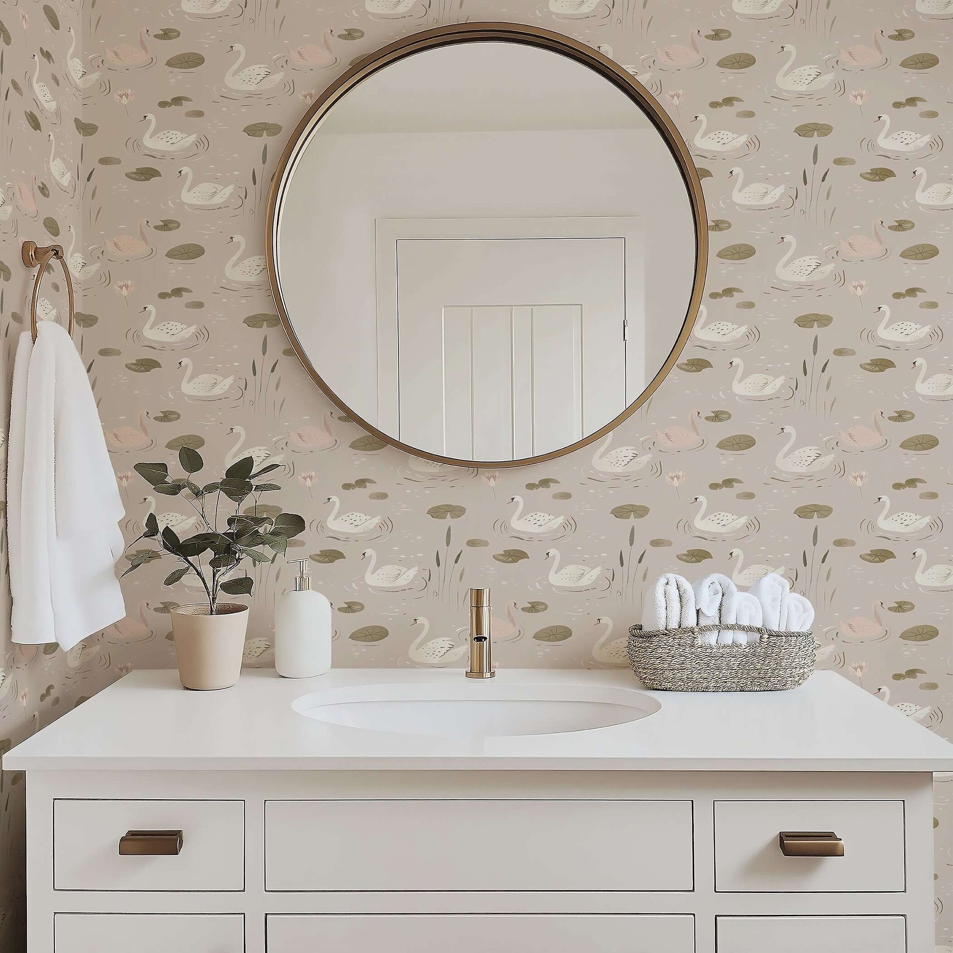 Elegant bathroom with Swan Serenade wallpaper featuring swans and lilies, creating a serene, mid-century modern design.