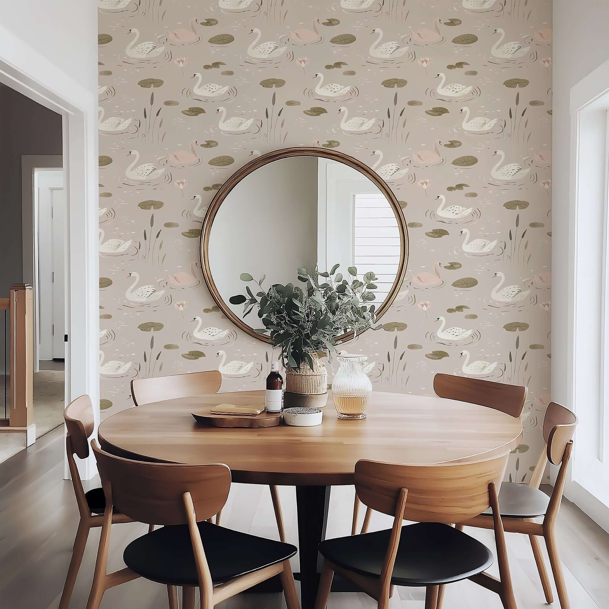 Mid-century modern room with Swan Serenade wallpaper featuring swans and lilies, enhancing a serene ambiance.