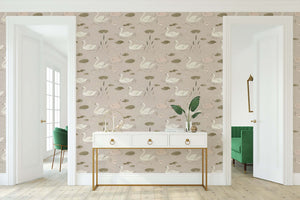 Swan Serenade wallpaper features swans and lilies on a pond, ideal for mid-century modern design. Perfect for bedroom or sitting area.