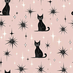 Twilight Catscape wallpaper featuring black cats and mid-century stars on a blush background, perfect for nurseries and playrooms.