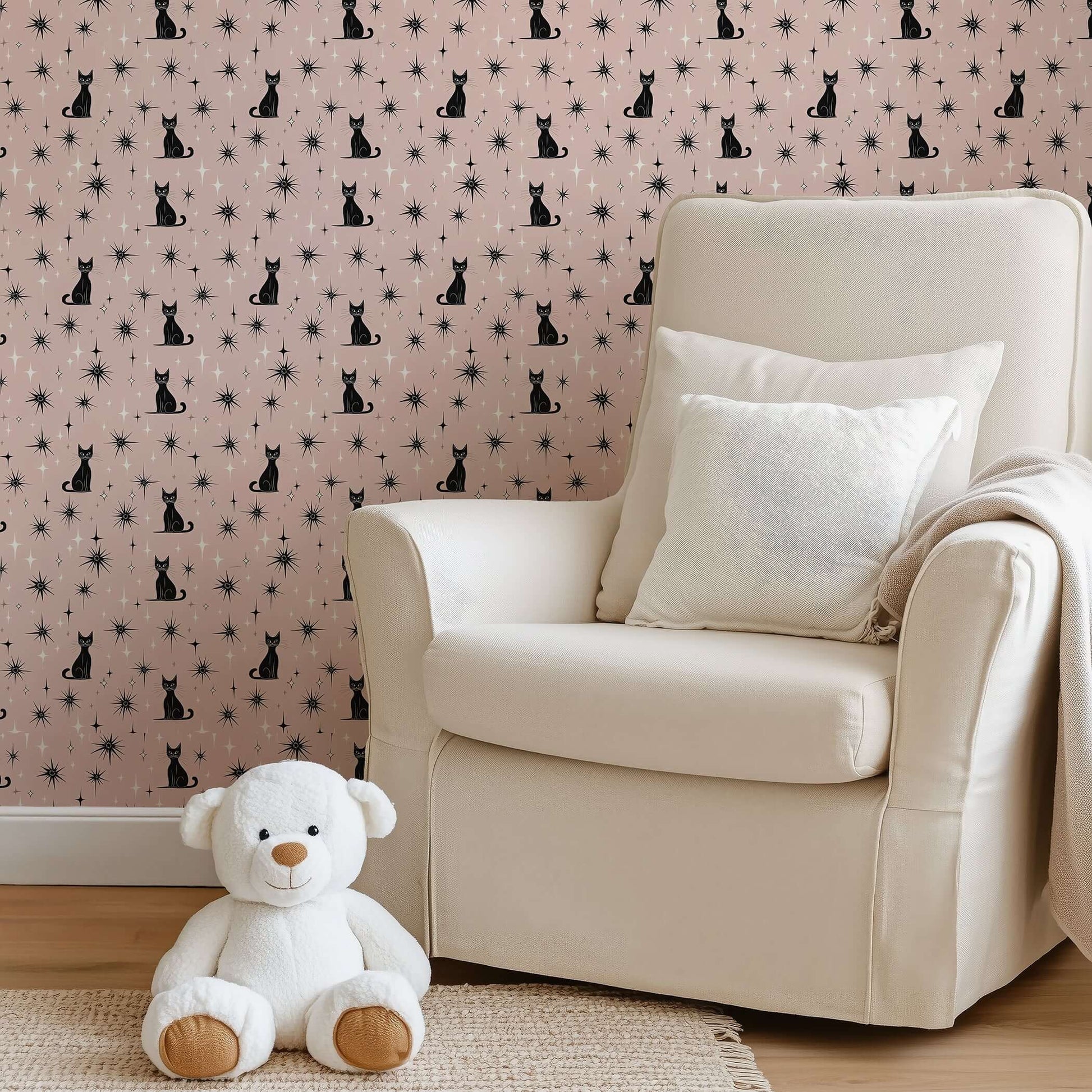 Twilight Catscape wallpaper with black cats and stars, blending mid-century modern style for kids' nursery or playroom elegance.