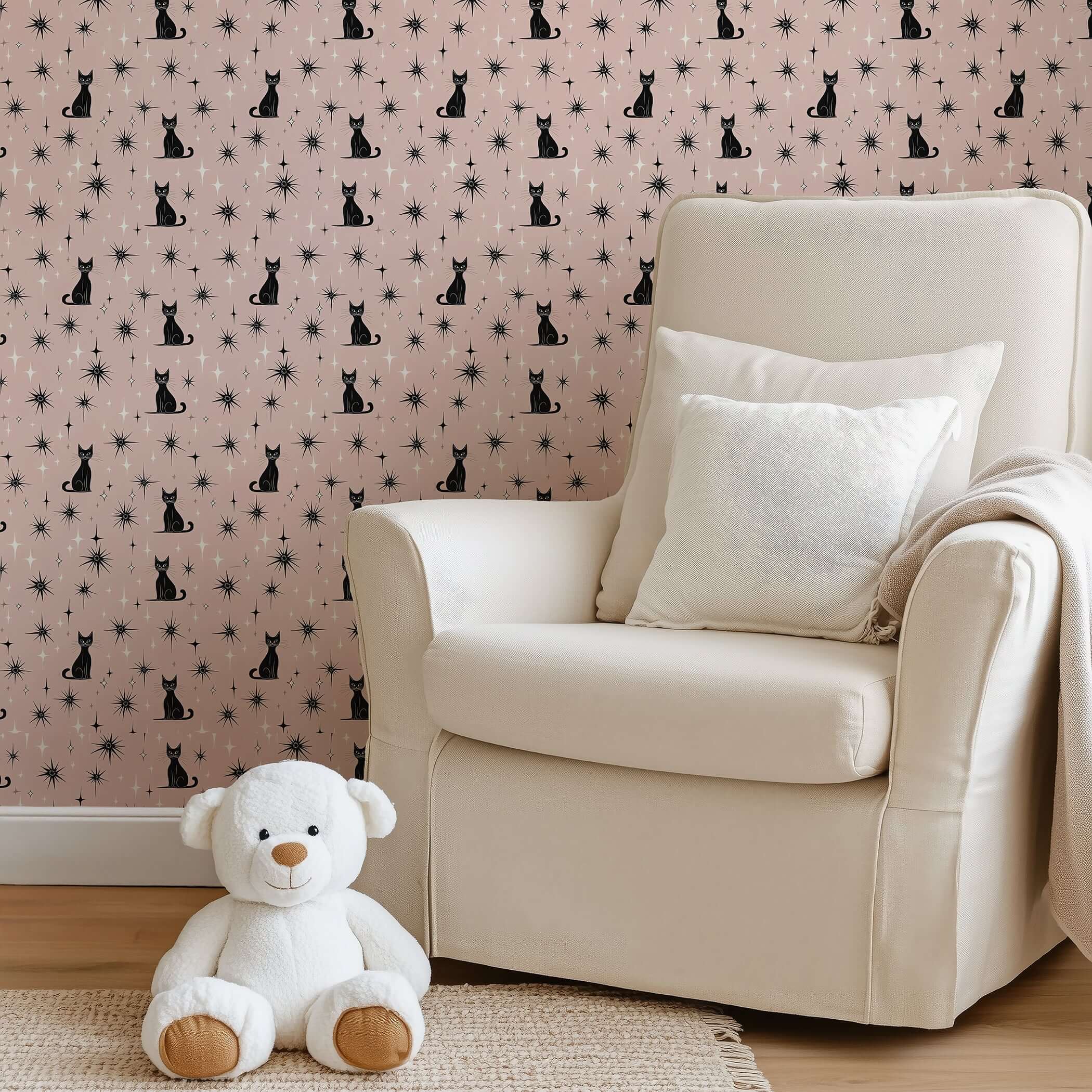 Twilight Catscape wallpaper with black cats and stars, blending mid-century modern style for kids' nursery or playroom elegance.