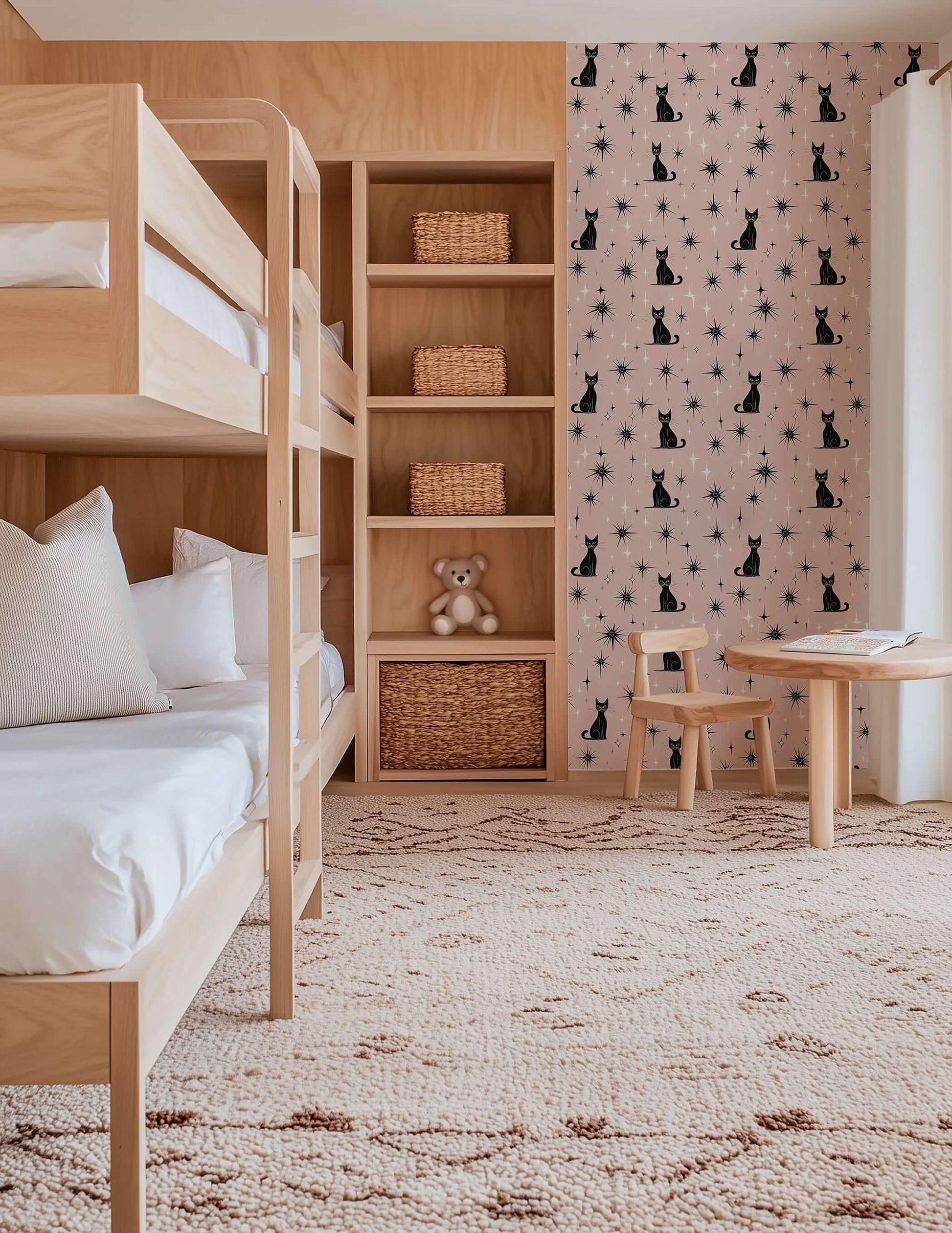 Twilight Catscape wallpaper with black cats and stars in a mid-century nursery featuring wooden bunk beds and a cozy play area.