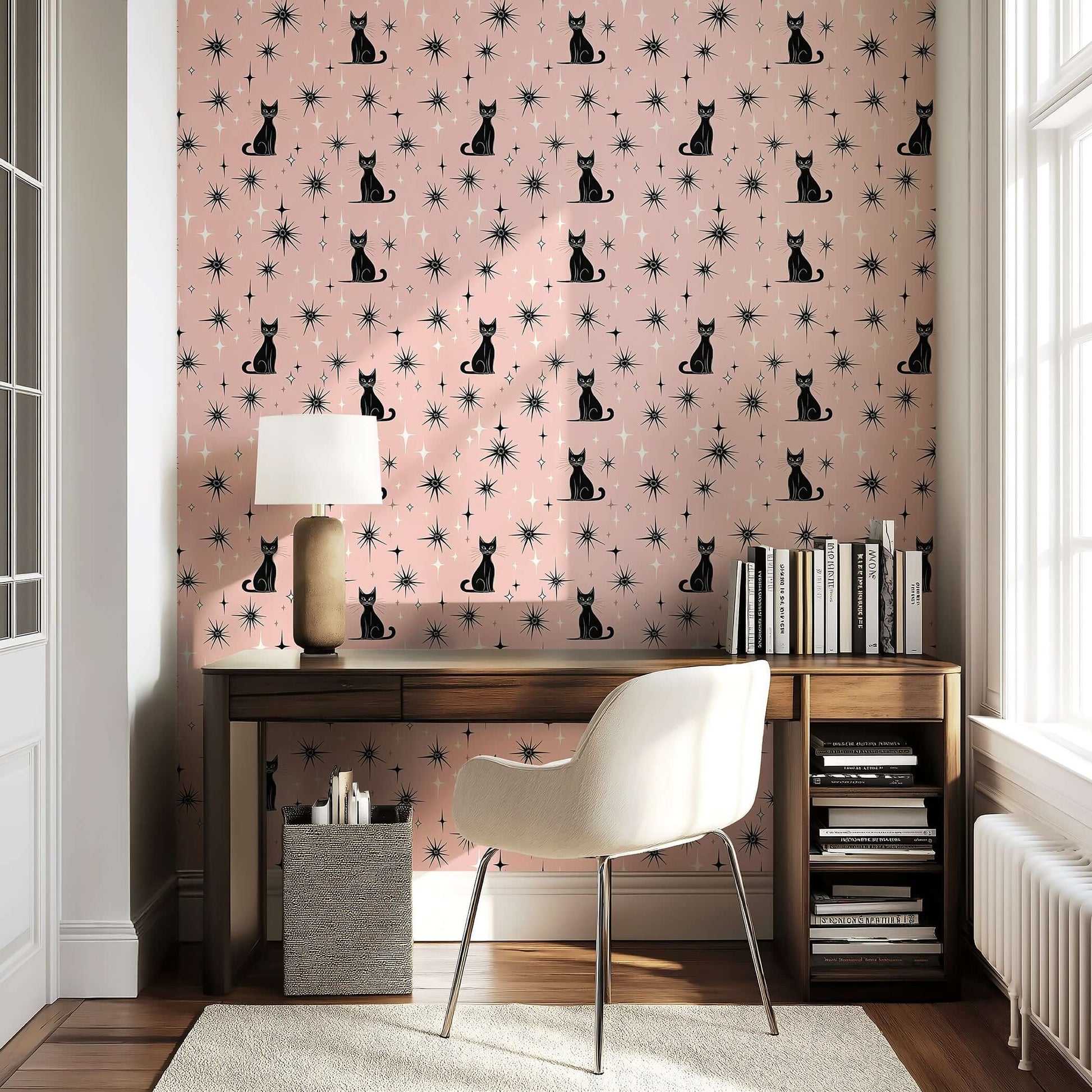 Twilight Catscape wallpaper with black cats, mid-century stars on blush backdrop. Ideal for nurseries, playrooms, or accent walls.