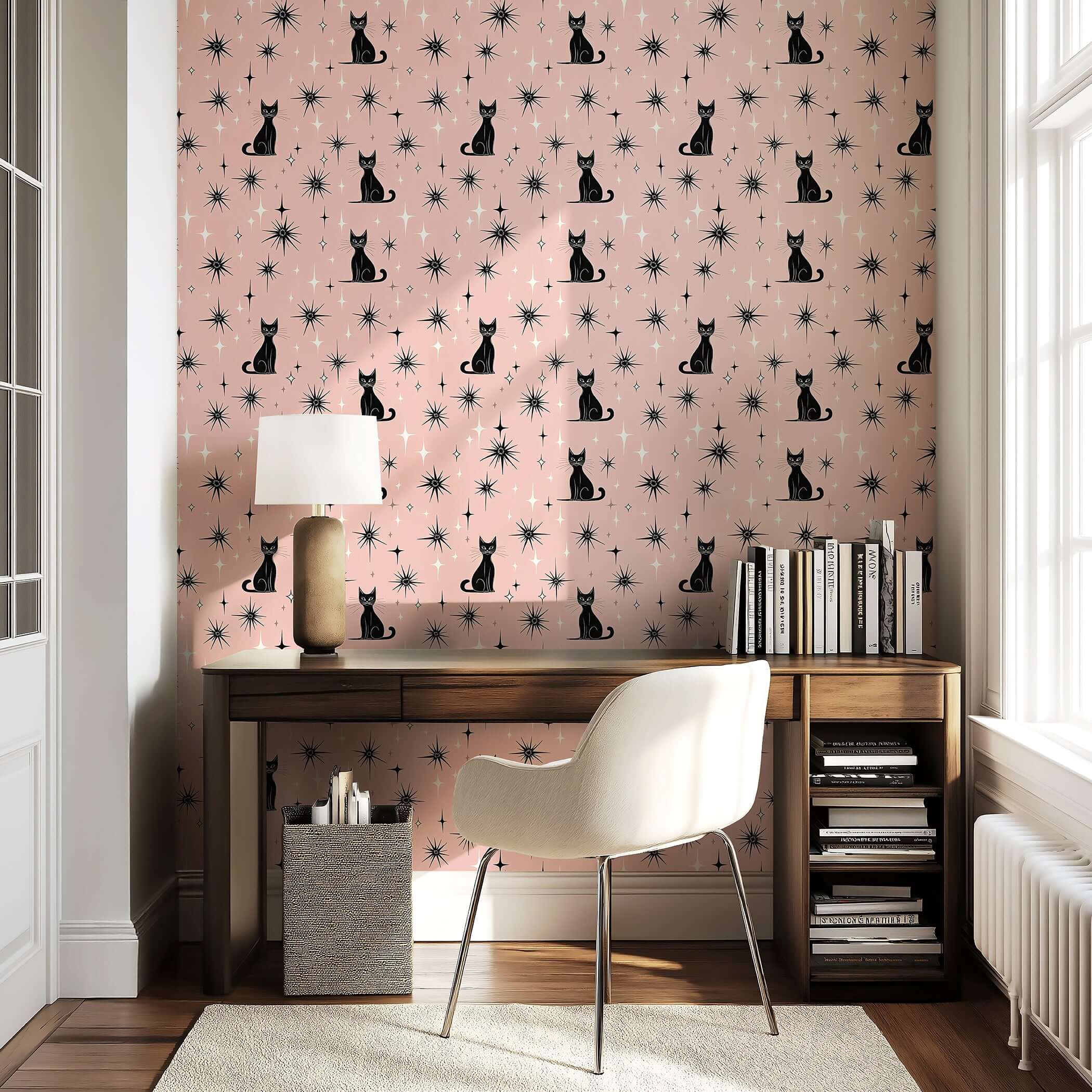 Twilight Catscape wallpaper with black cats, mid-century stars on blush backdrop. Ideal for nurseries, playrooms, or accent walls.