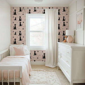 Mid-century modern nursery with Starry-Eyed Kitty wallpaper featuring black cats, perfect for children, kittens, and playrooms.
