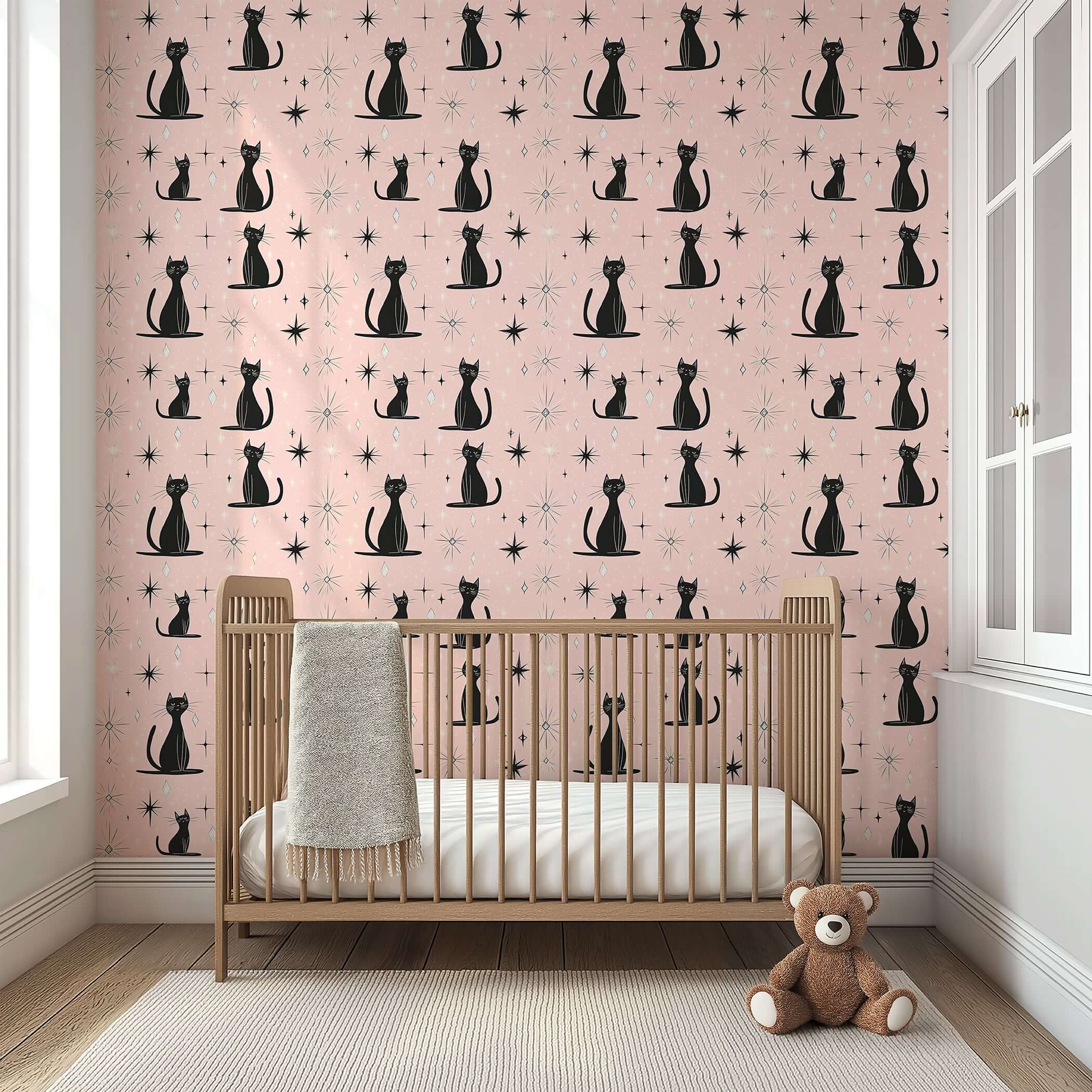 Retro pink nursery wallpaper with black cats, mid-century modern stars, perfect for children, featuring charming kitten designs.