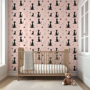 Retro pink nursery wallpaper with black cats, mid-century modern stars, perfect for children, featuring charming kitten designs.