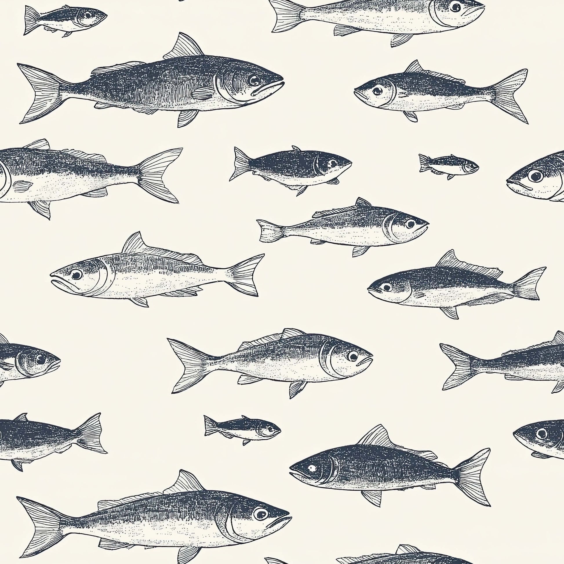 Hand-drawn fish illustrations on vintage fisherman wallpaper, featuring coastal and ocean themes for a nautical decor.