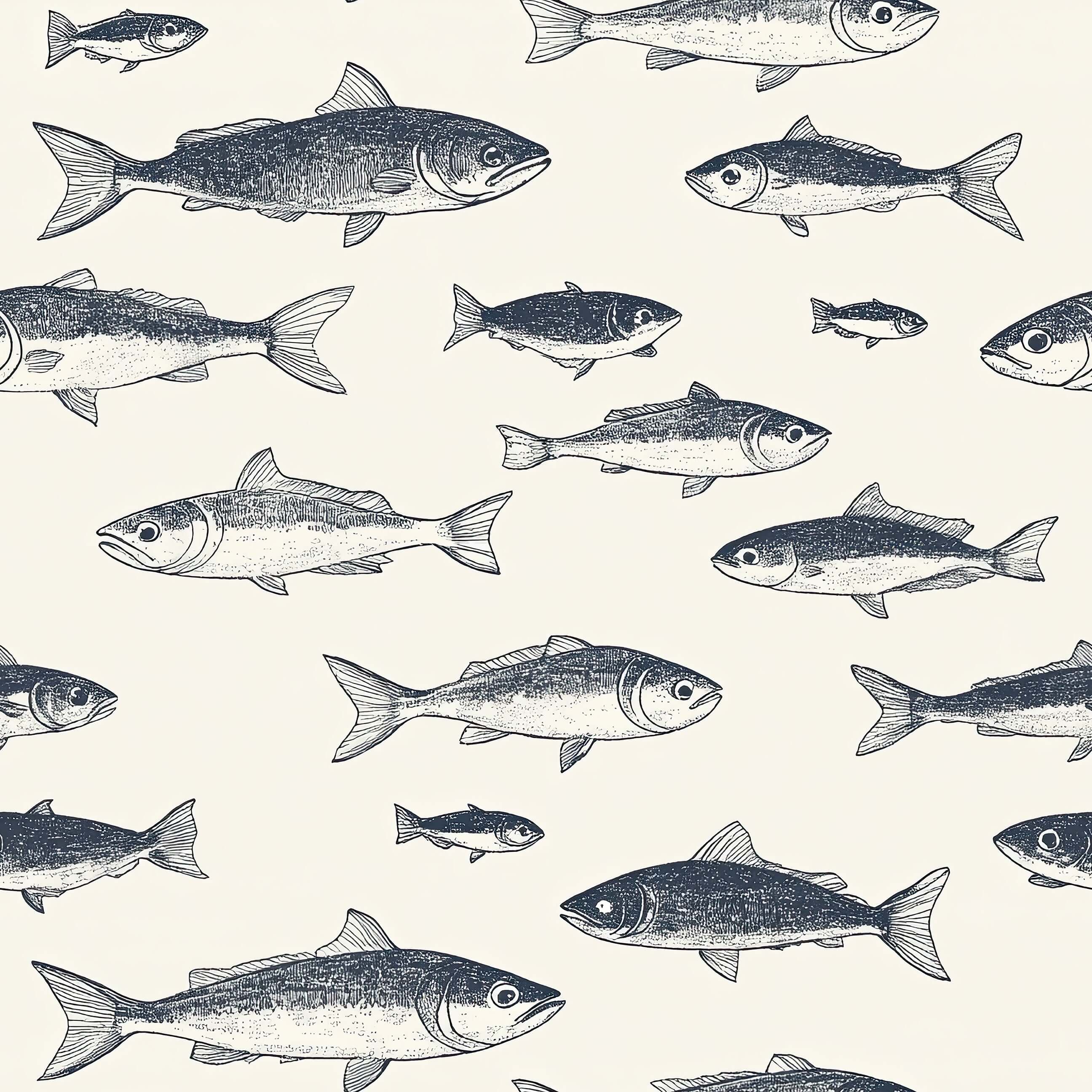 Hand-drawn fish illustrations on vintage fisherman wallpaper, featuring coastal and ocean themes for a nautical decor.