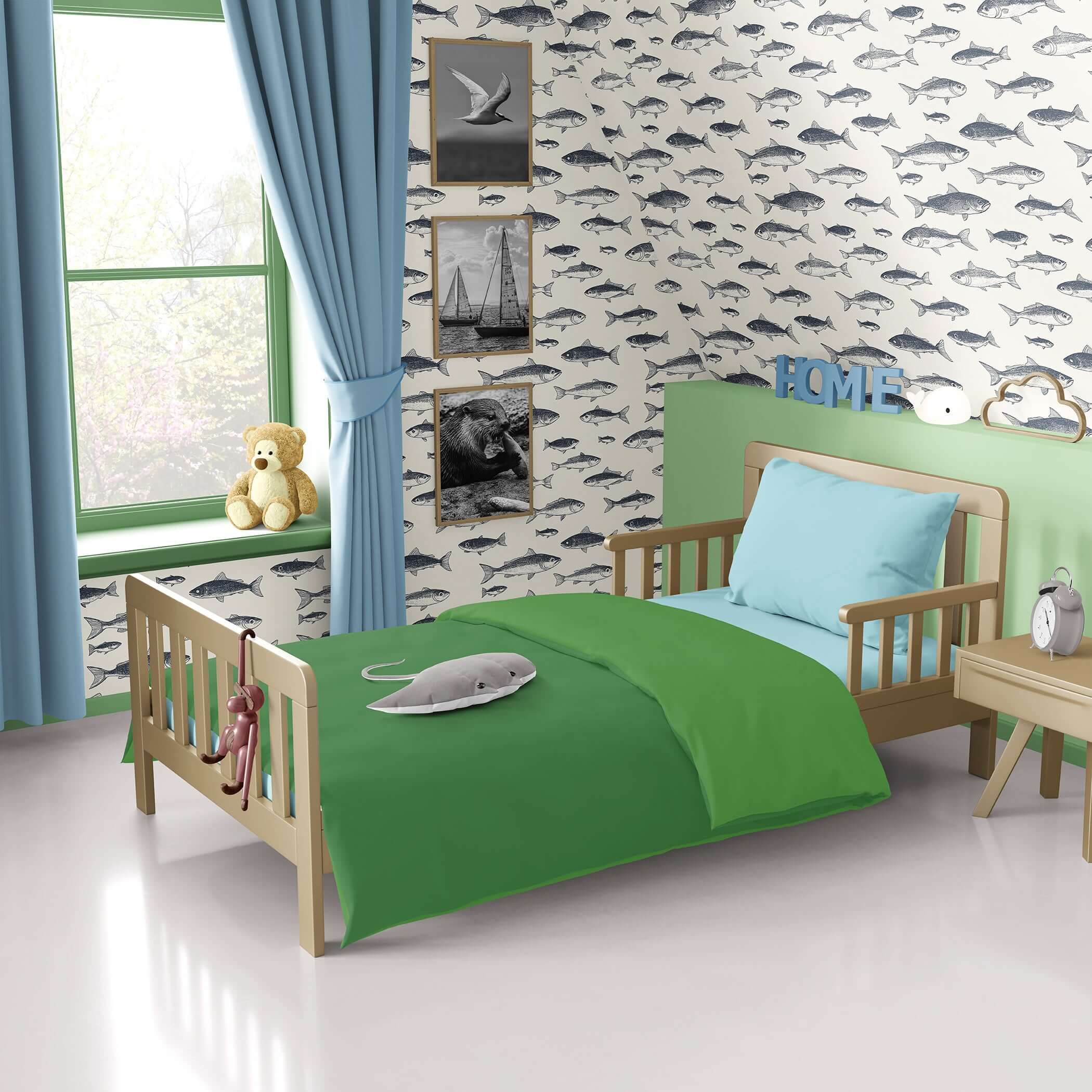 Bedroom with vintage fisherman wallpaper featuring hand-drawn fish, creating an oceanic, coastal charm against a cozy decor backdrop.