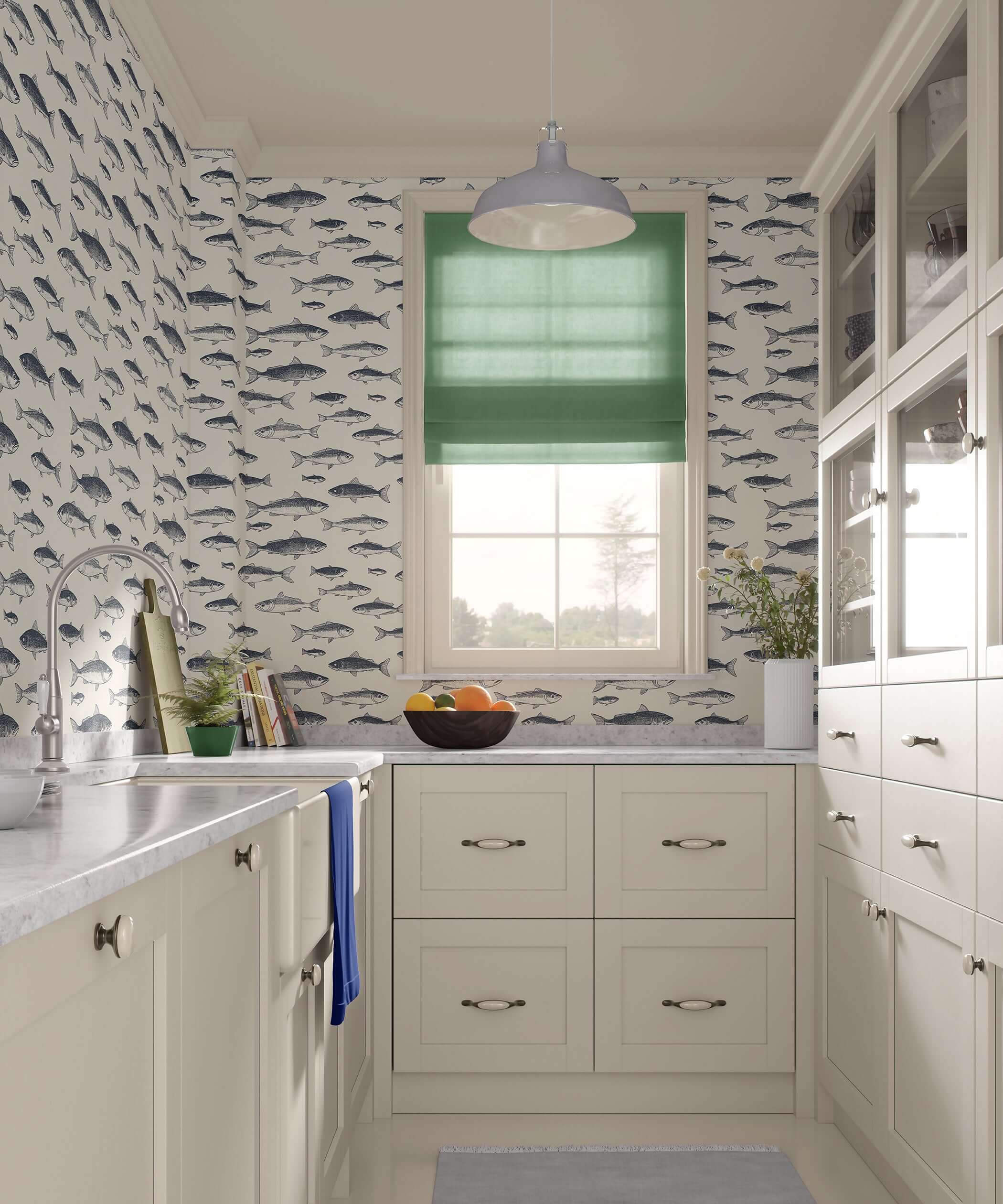 Vintage fisherman wallpaper with fish illustrations in a coastal-themed kitchen, showcasing oceanic charm and refined elegance.