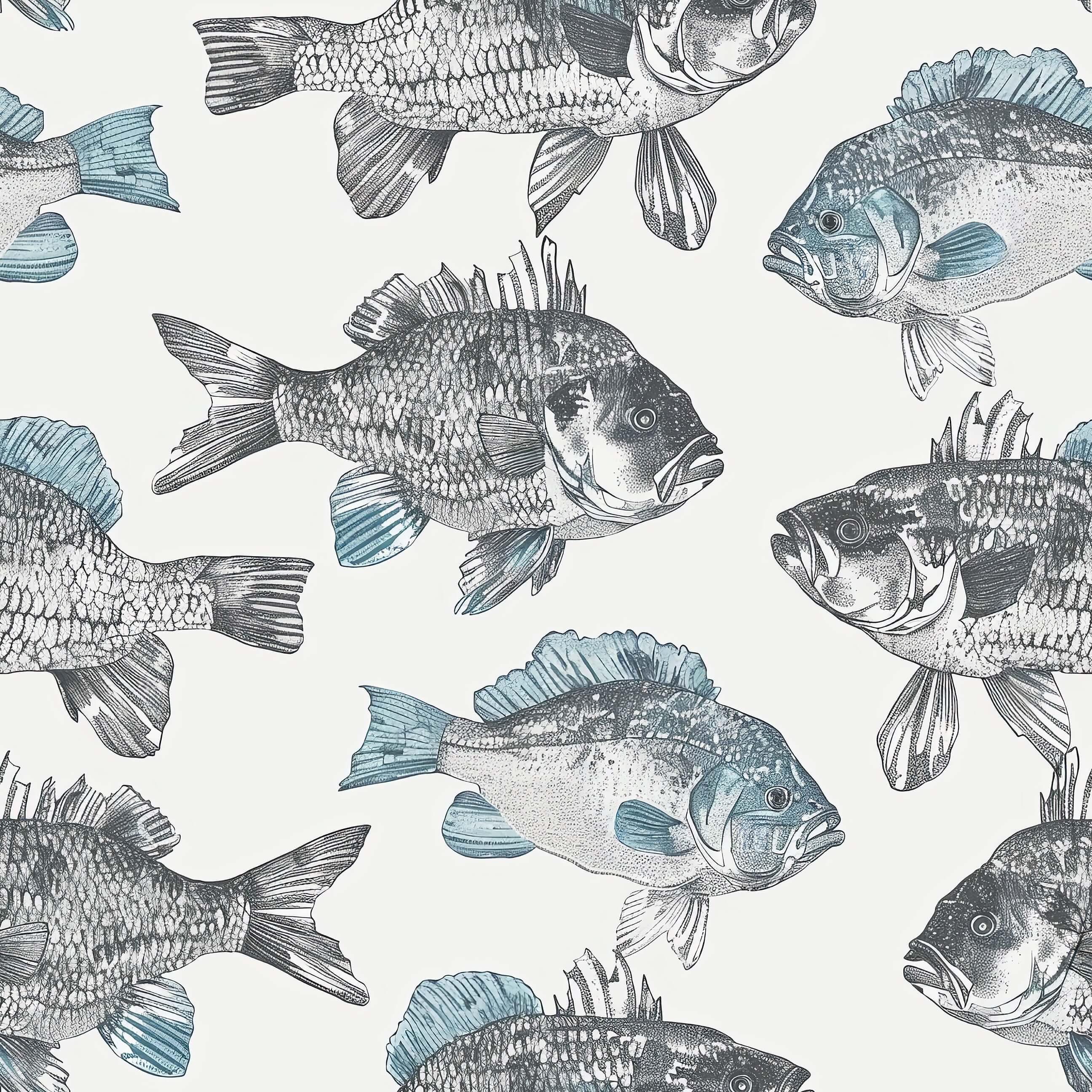 Hand-drawn fish pattern in soft watercolor hues, featured in "Coastal Currents" wallpaper by Wall Artifacts for a nautical look.