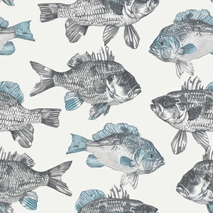 Hand-drawn fish pattern in soft watercolor hues, featured in "Coastal Currents" wallpaper by Wall Artifacts for a nautical look.