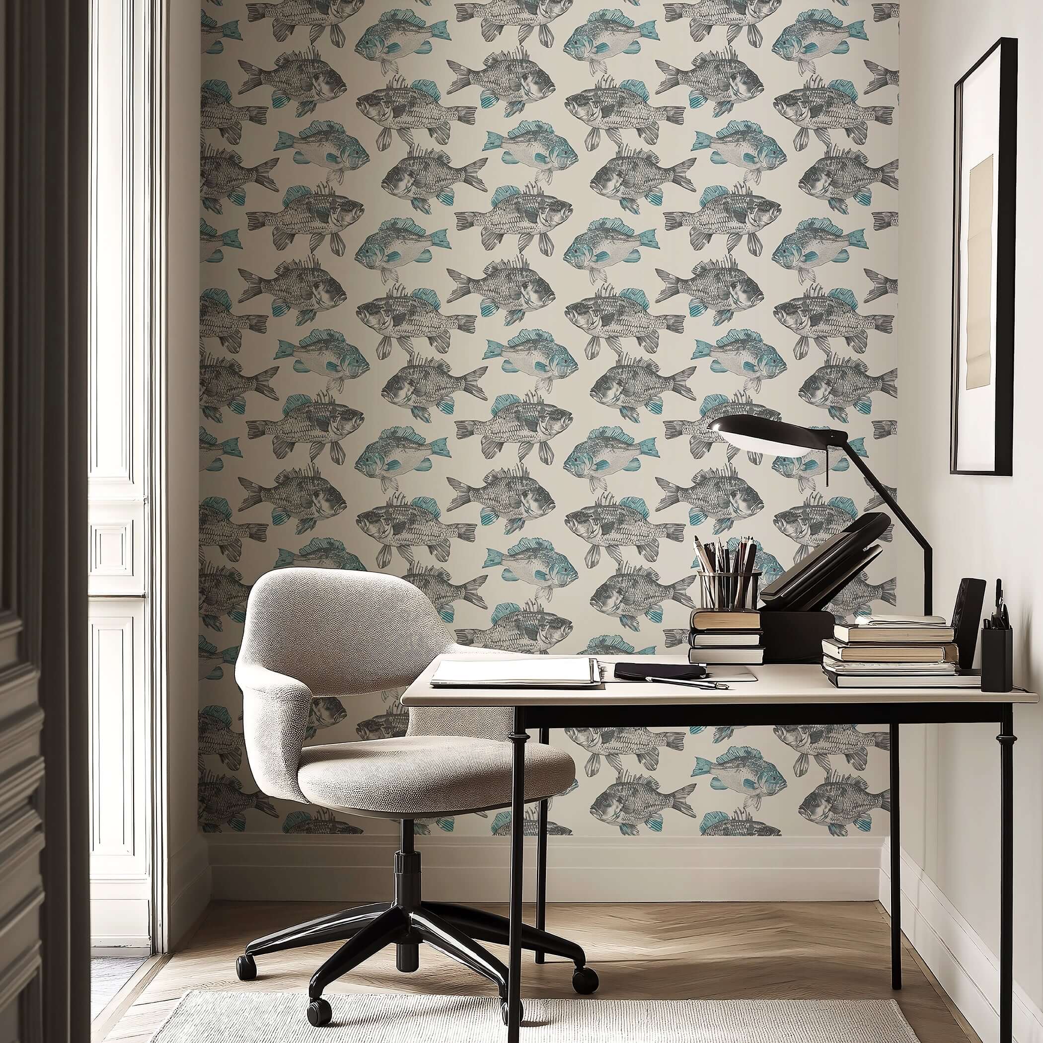 Coastal Currents Wallpaper with hand-drawn fish, offering a nautical, ocean-themed look for a coastal-inspired room.