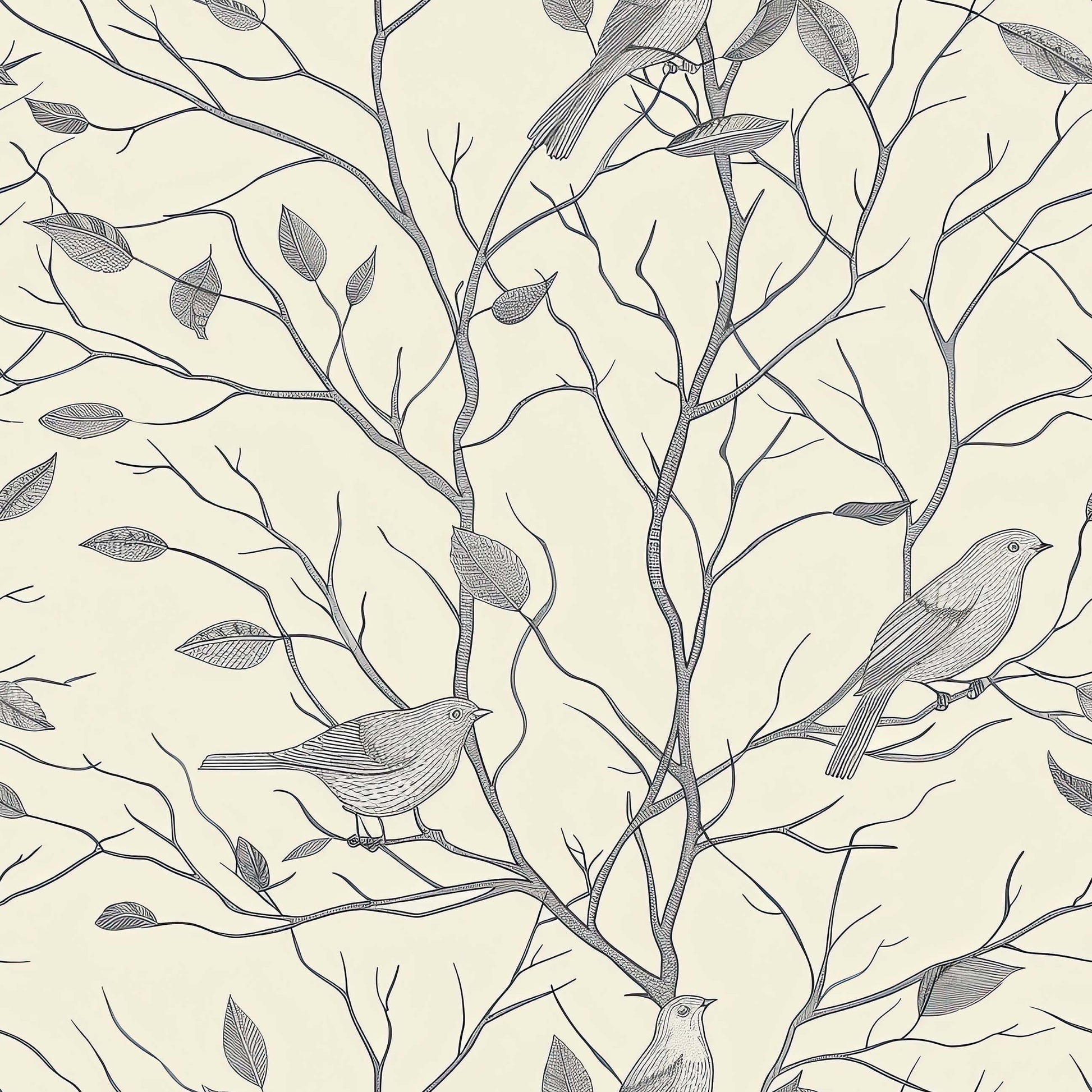 Monochrome songbird silhouette wallpaper with birds perched on branches, ideal for creating a serene, nature-inspired interior.