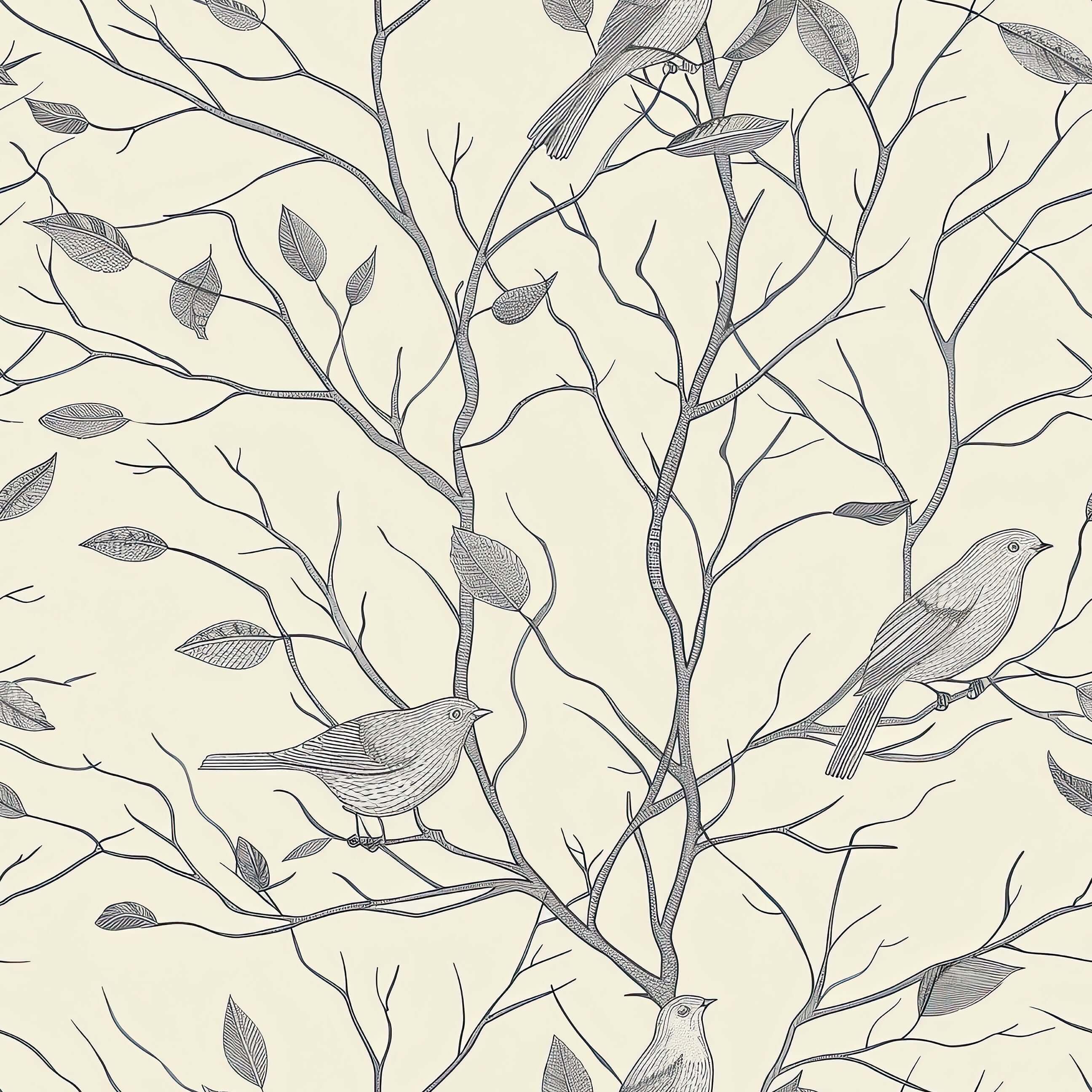 Monochrome songbird silhouette wallpaper with birds perched on branches, ideal for creating a serene, nature-inspired interior.