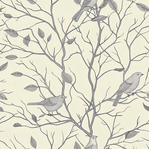 Monochrome songbird silhouette wallpaper with birds perched on branches, ideal for creating a serene, nature-inspired interior.
