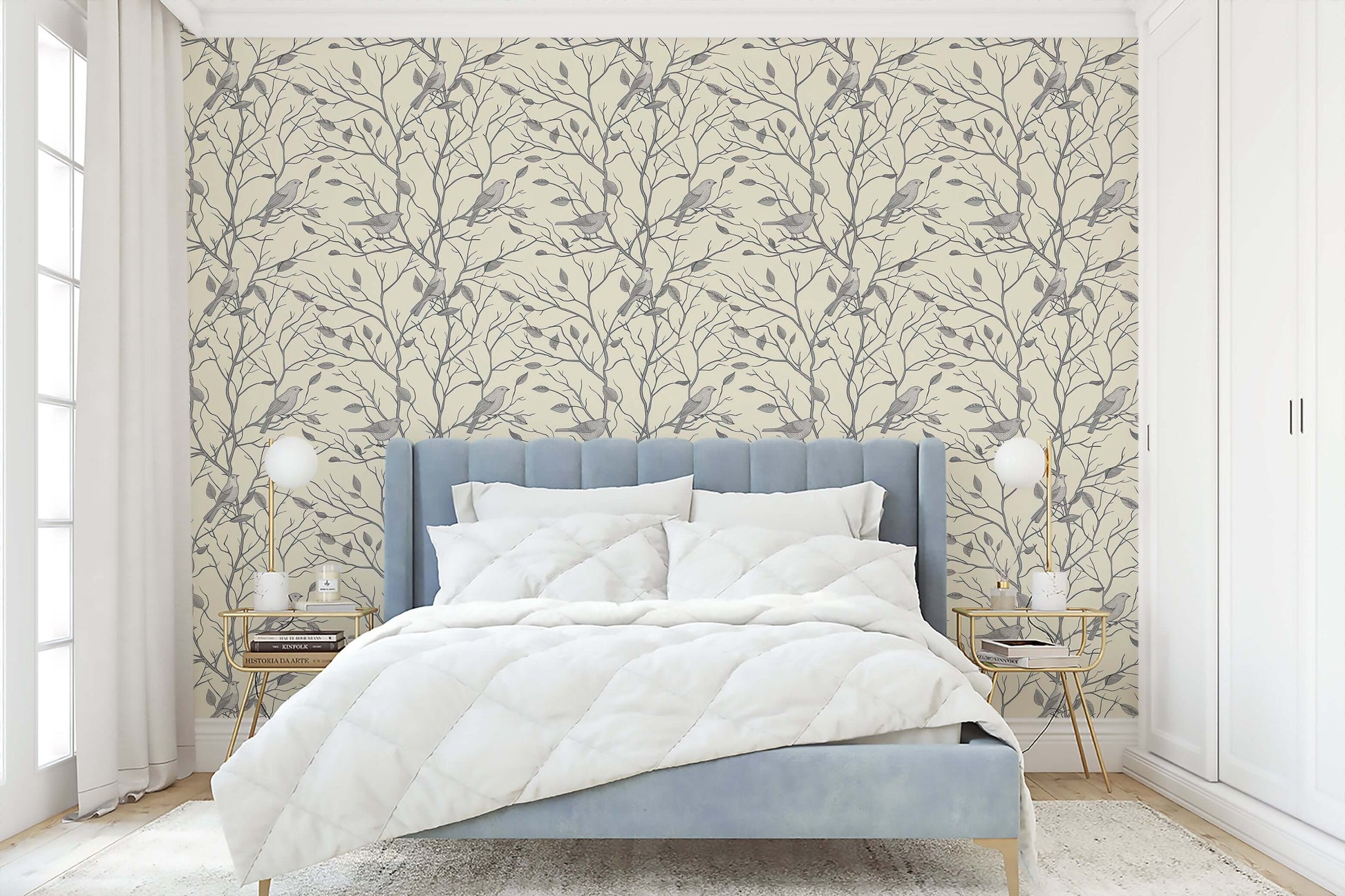 Bedroom with Serene Songbird Silhouette monochrome wallpaper featuring birds among branches, enhancing a calm, natural atmosphere.