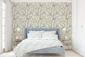 Bedroom with Serene Songbird Silhouette monochrome wallpaper featuring birds among branches, enhancing a calm, natural atmosphere.