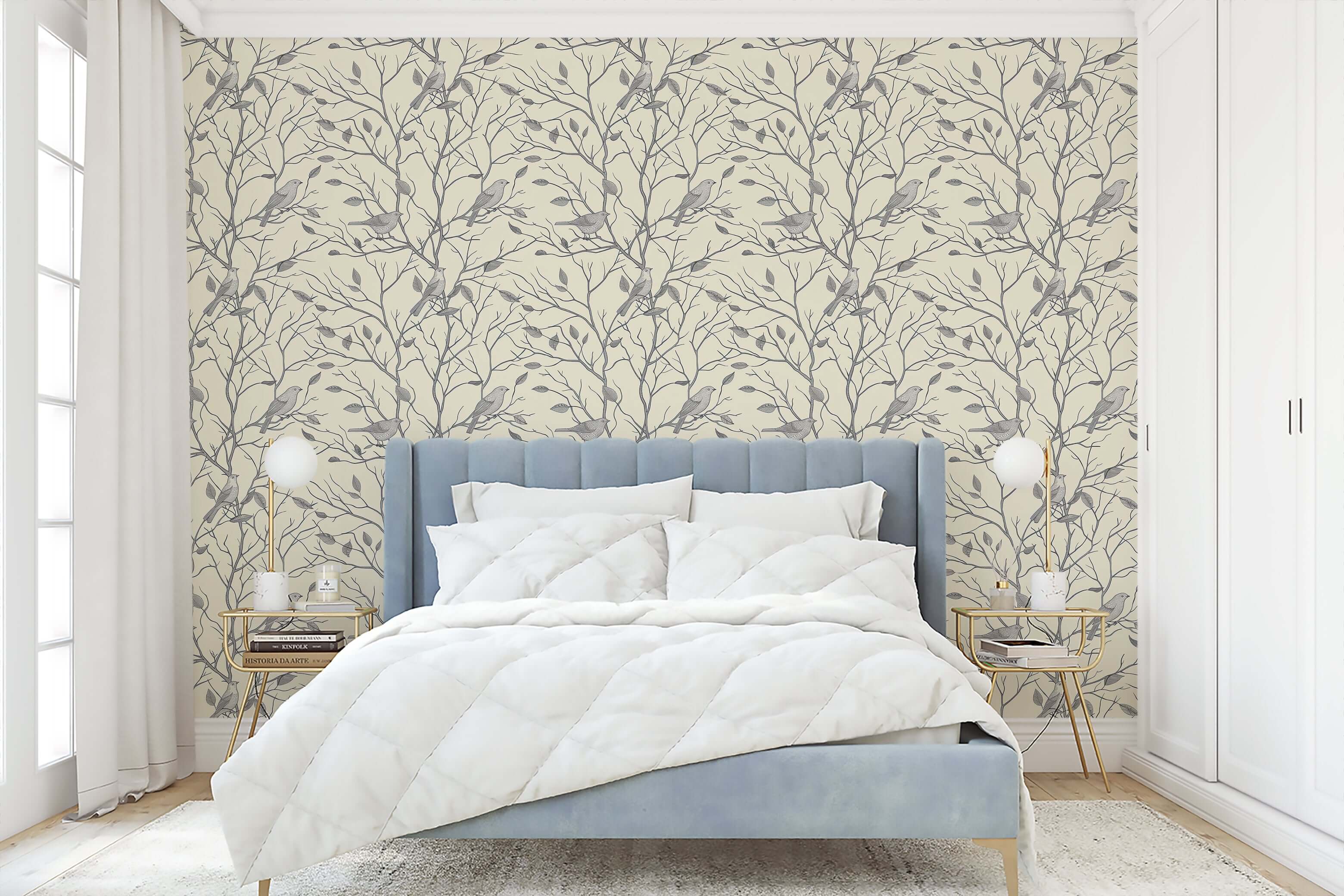 Bedroom with Serene Songbird Silhouette monochrome wallpaper featuring birds among branches, enhancing a calm, natural atmosphere.