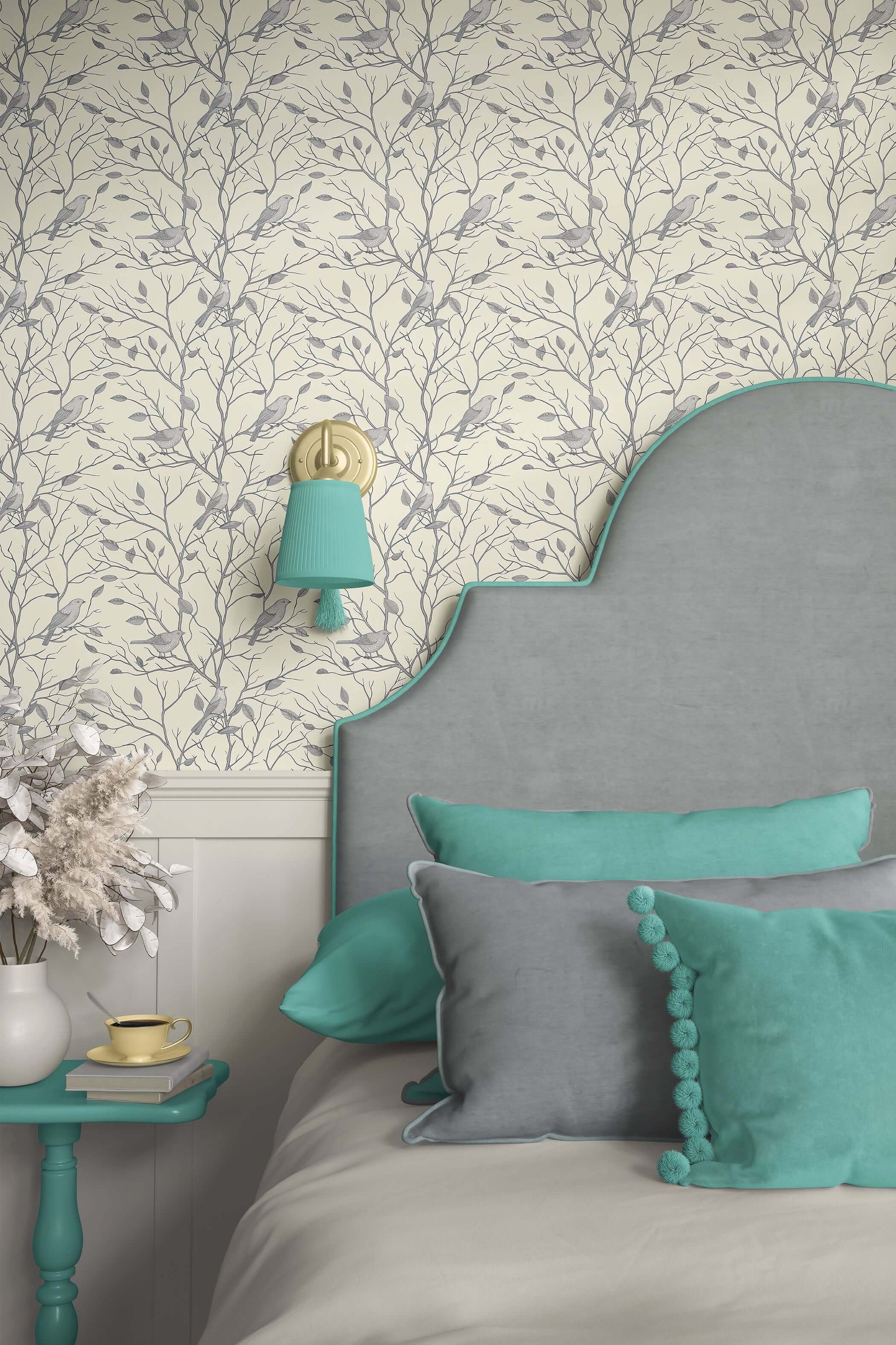 Bedroom with Serene Songbird Silhouette wallpaper in monochrome tones, featuring birds on branches, enhancing a peaceful atmosphere.
