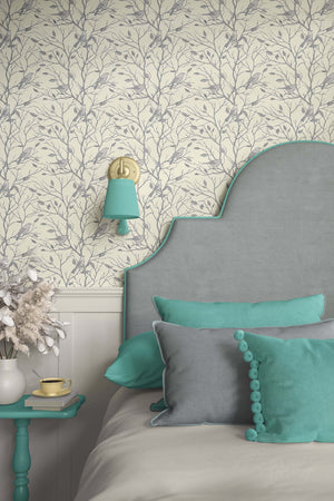 Bedroom with Serene Songbird Silhouette wallpaper in monochrome tones, featuring birds on branches, enhancing a peaceful atmosphere.