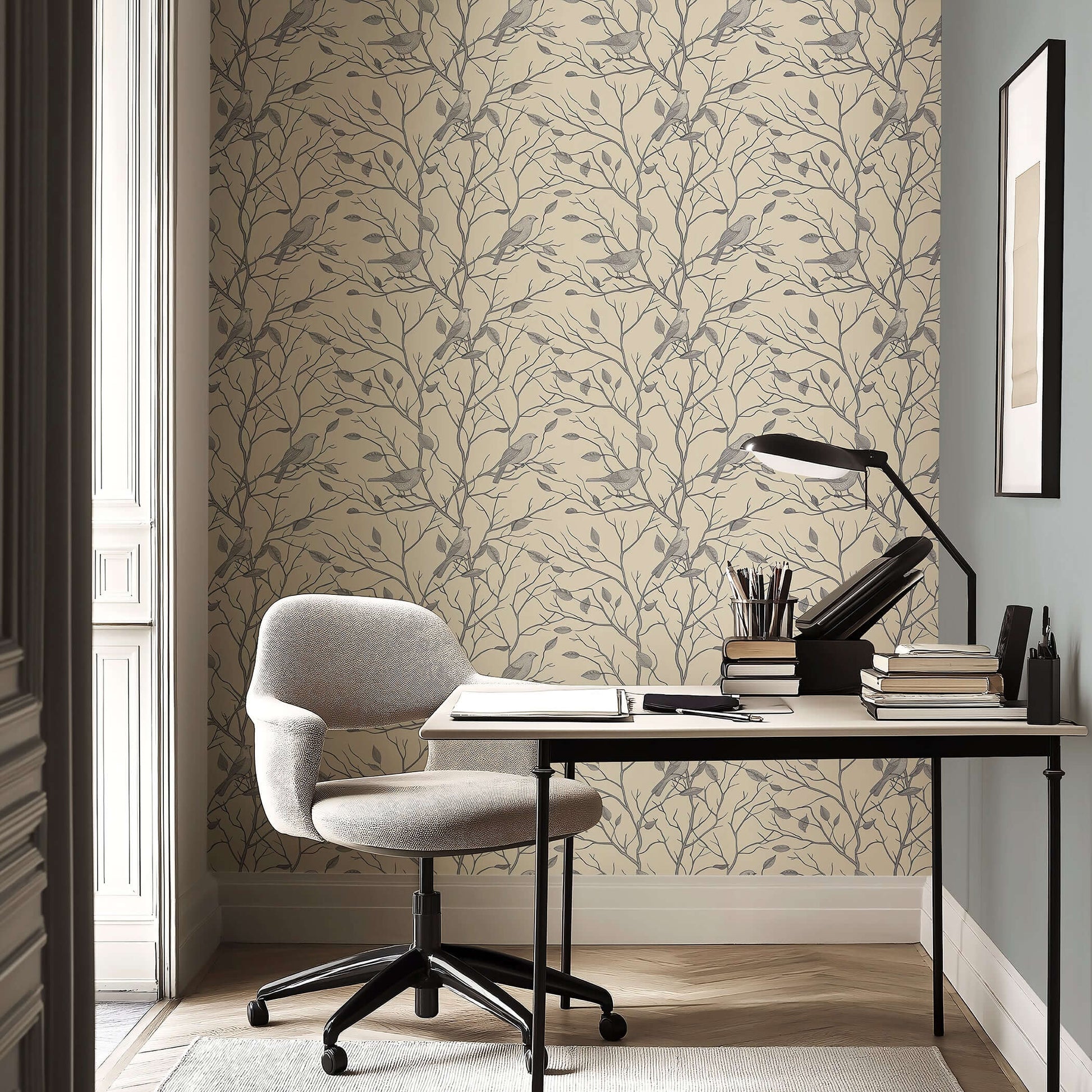 Elegant office with Serene Songbird Silhouette wallpaper featuring monochrome birds and branches for a calm, timeless look.