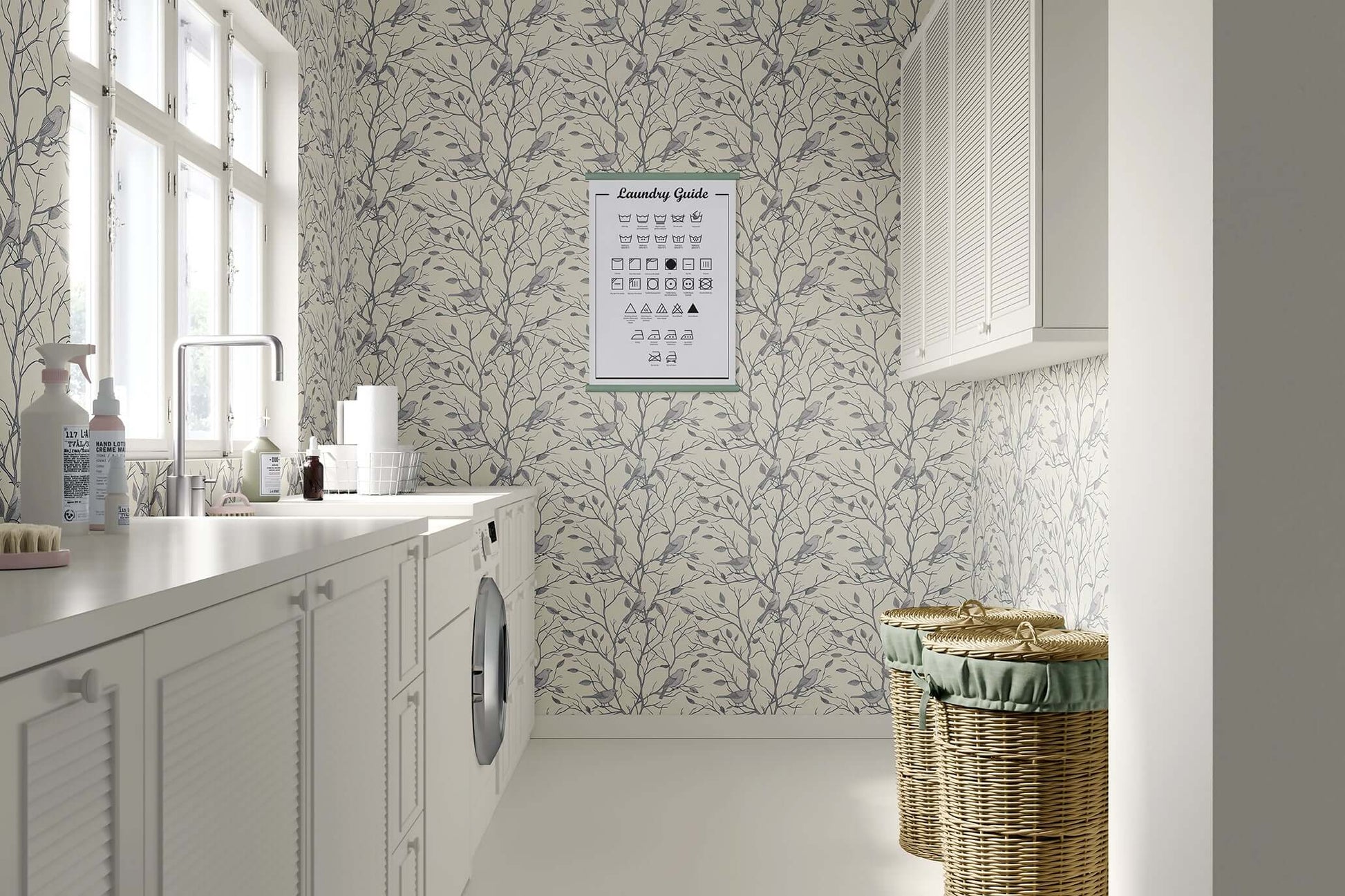 Monochrome songbird wallpaper enhancing a serene laundry room with nature-inspired elegance and sophisticated design.