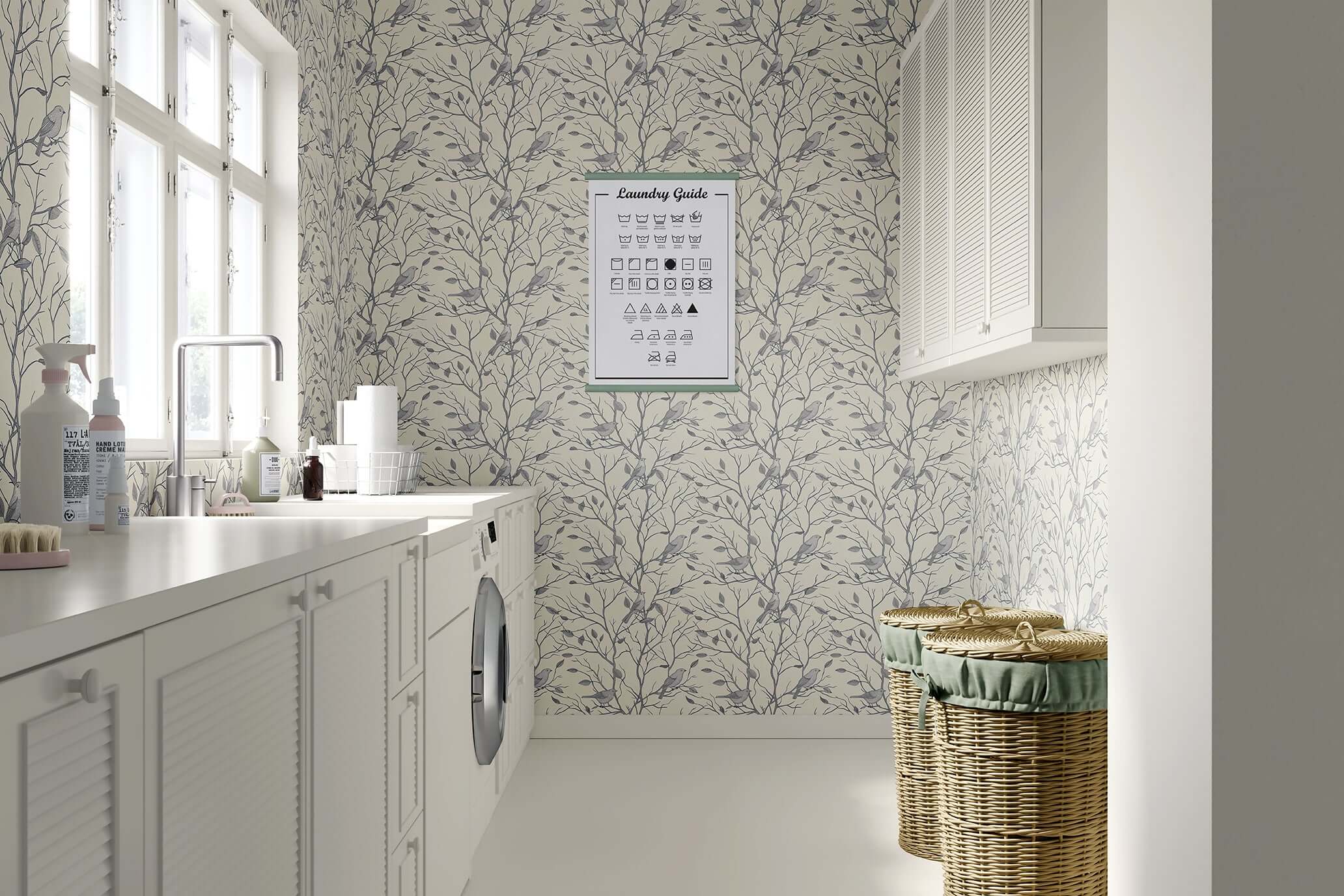 Monochrome songbird wallpaper enhancing a serene laundry room with nature-inspired elegance and sophisticated design.