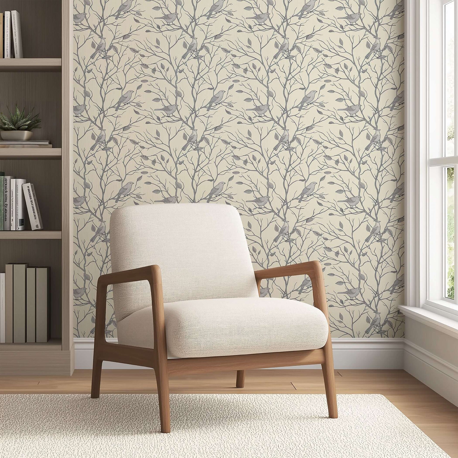 Monochromatic songbird silhouette wallpaper in a cozy room with a beige armchair, creating a serene forest atmosphere.