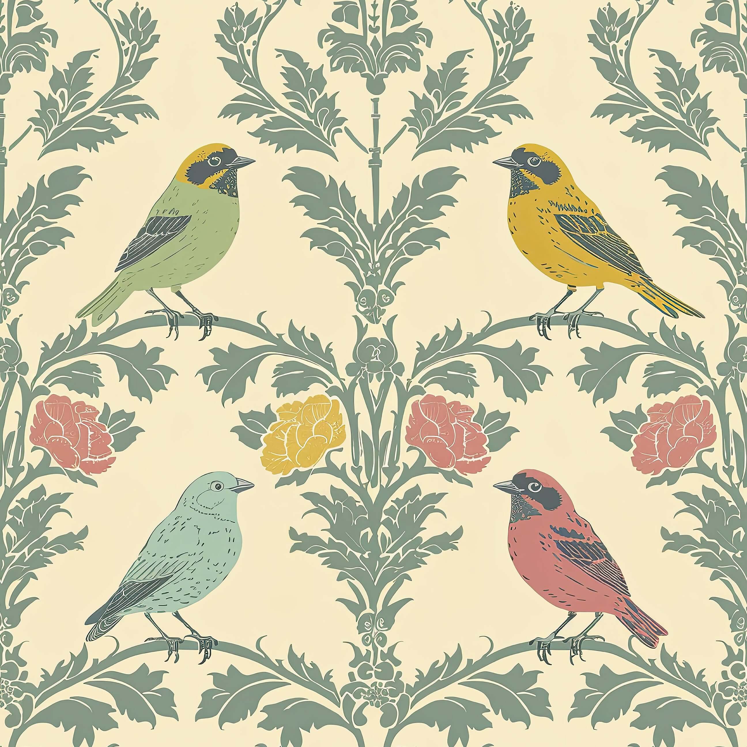 Edwardian Aviary Bliss wallpaper featuring songbirds and damask florals in vintage pastel colors, ideal for modern design decor.