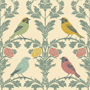 Edwardian Aviary Bliss wallpaper featuring songbirds and damask florals in vintage pastel colors, ideal for modern design decor.