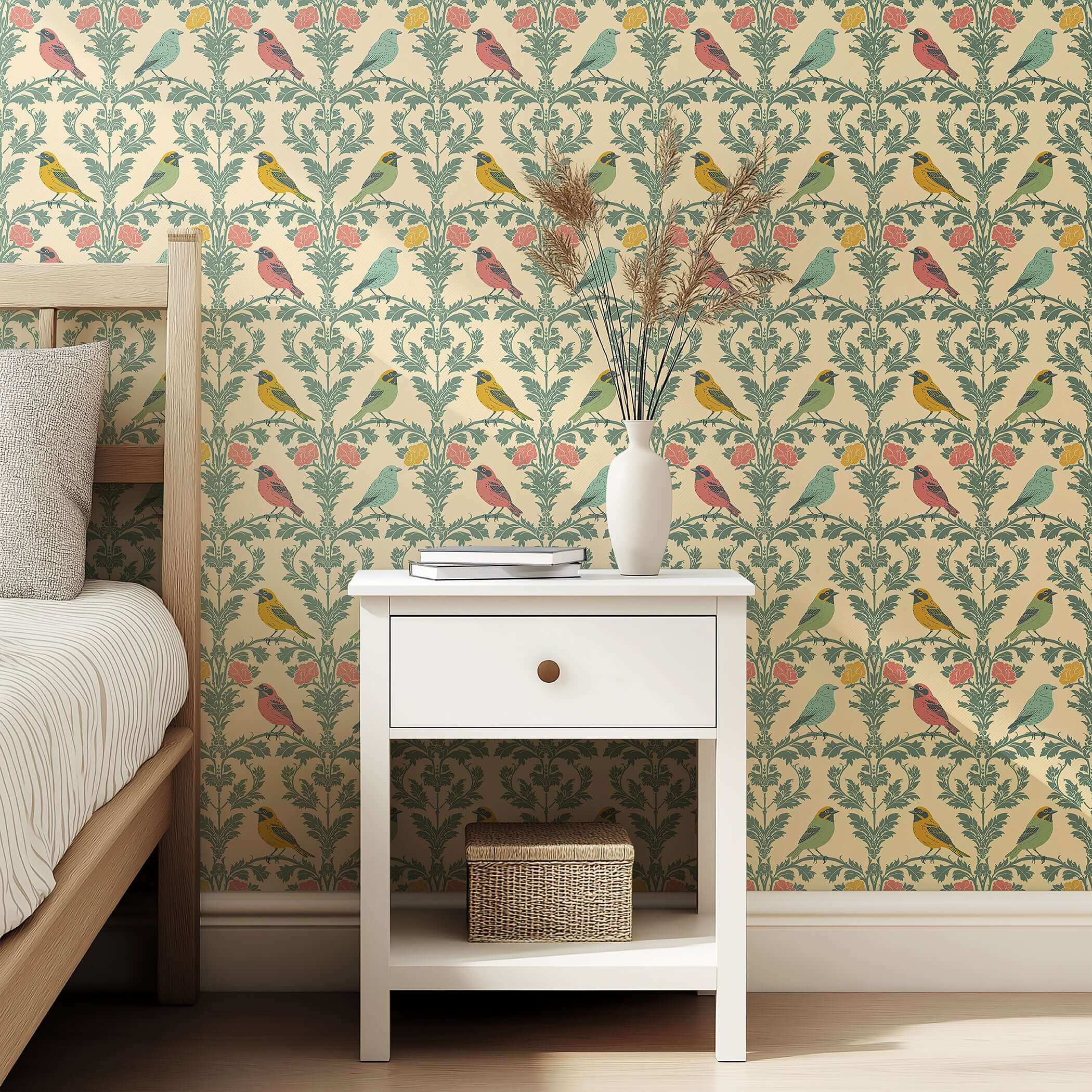 Edwardian Aviary Bliss wallpaper with songbirds, florals, and damask patterns in a modern design for a sophisticated atmosphere.