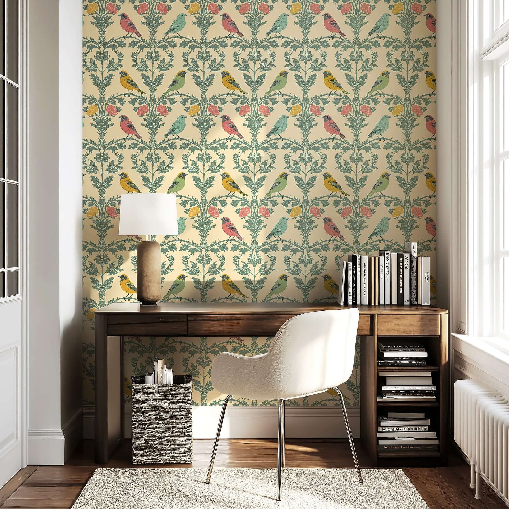 Edwardian Aviary Bliss wallpaper featuring songbirds and floral damask design, creating vintage elegance in a modern room setting.