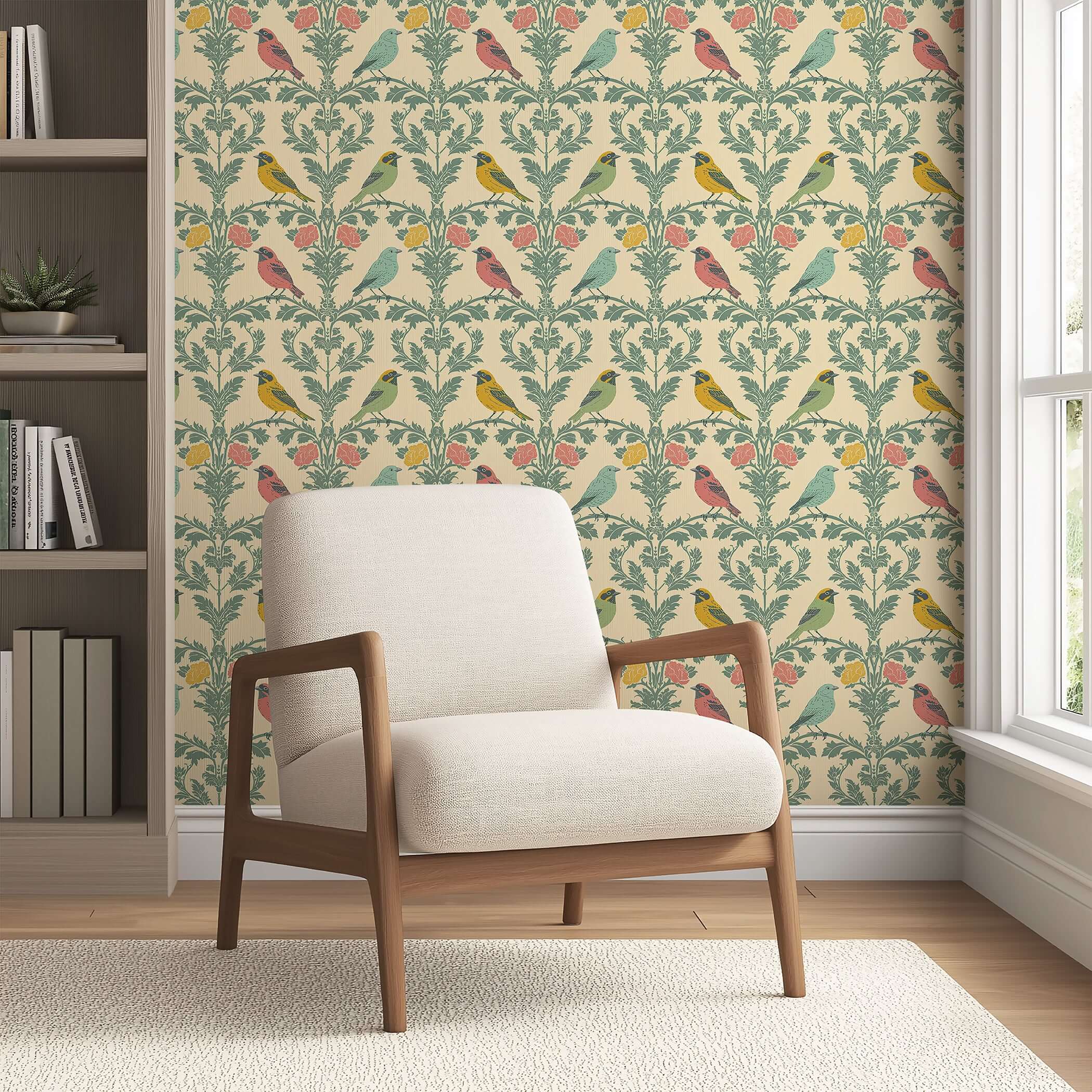 Edwardian Aviary Bliss wallpaper features songbirds and floral damask in a modern design creating a vintage ambiance in a living room.