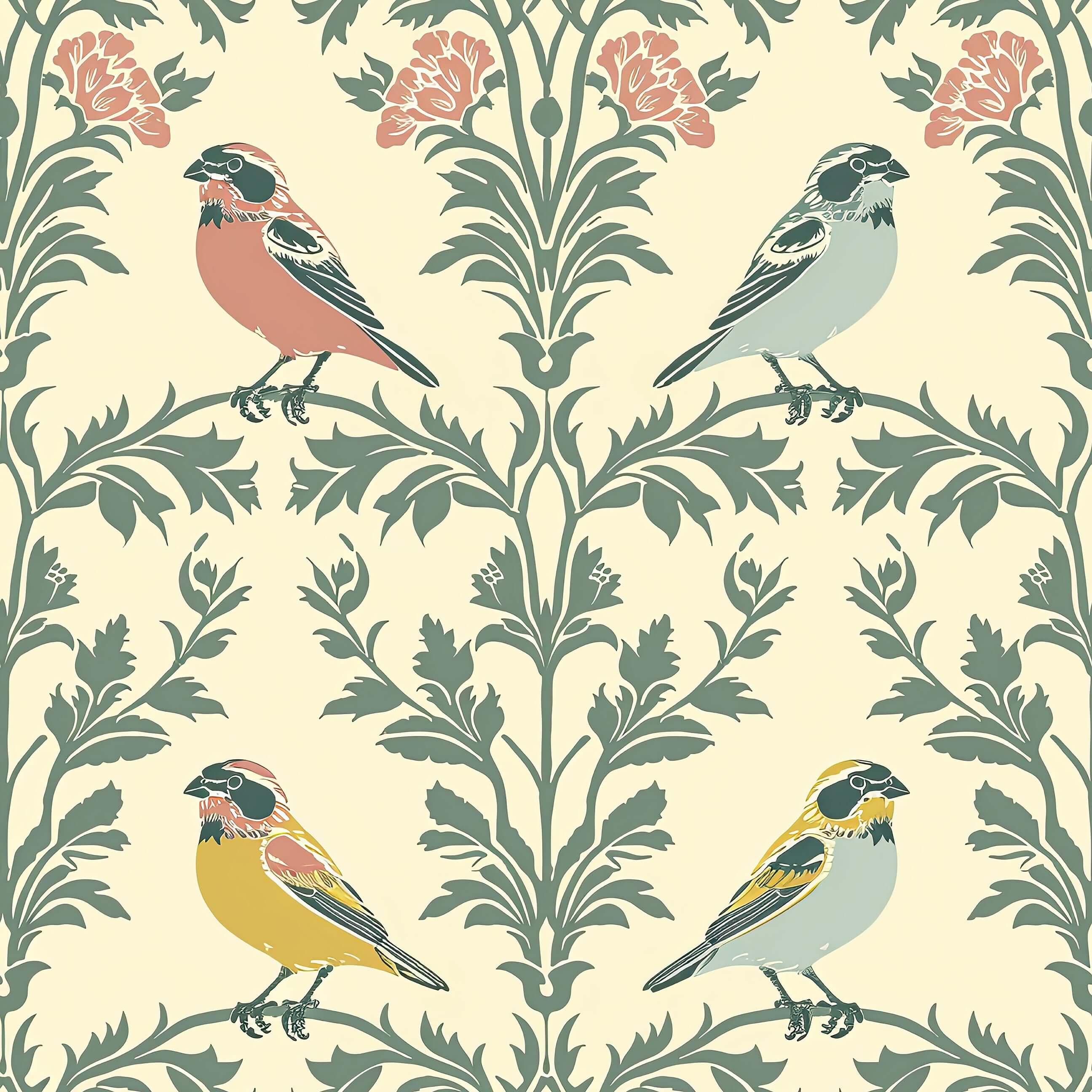 "Vintage Songbirds" wallpaper with colorful birds, abstract florals, and damask patterns; perfect modern design for home decor.