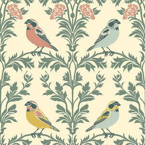 "Vintage Songbirds" wallpaper with colorful birds, abstract florals, and damask patterns; perfect modern design for home decor.