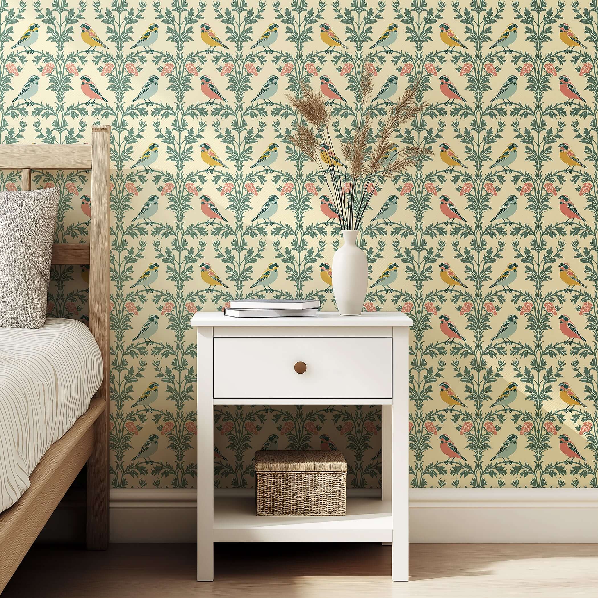Vintage Songbirds wallpaper featuring avian illustrations with florals, perfect for elegant modern design and damask-inspired decor.